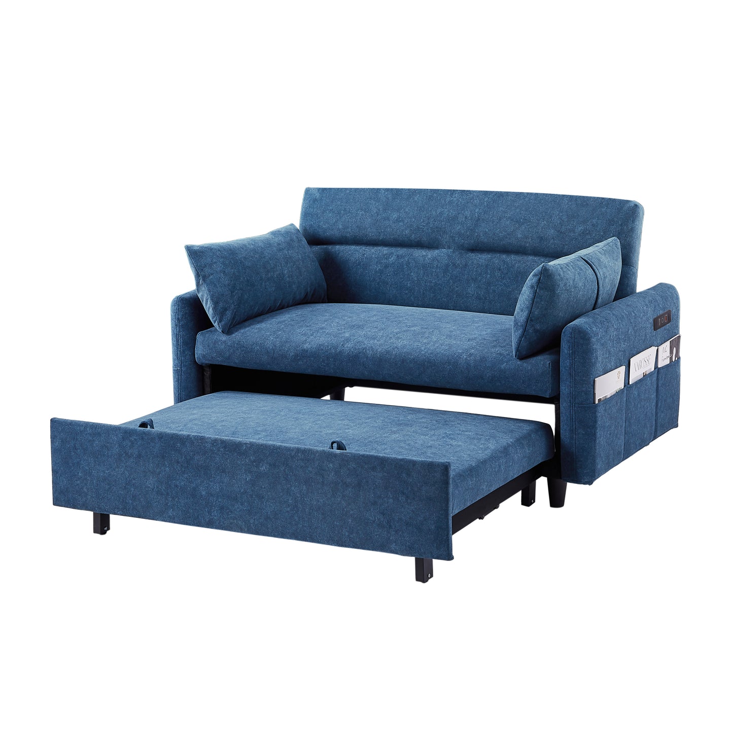 55.1" Pull Out Sleep Sofa Bed Loveseats Sofa Couch with Adjsutable Backrest, Storage Pockets, 2 Soft Pillows, USB Ports for Living Room, Bedroom, Apartment, Office, Blue (Old SKU: WF315689AAC)