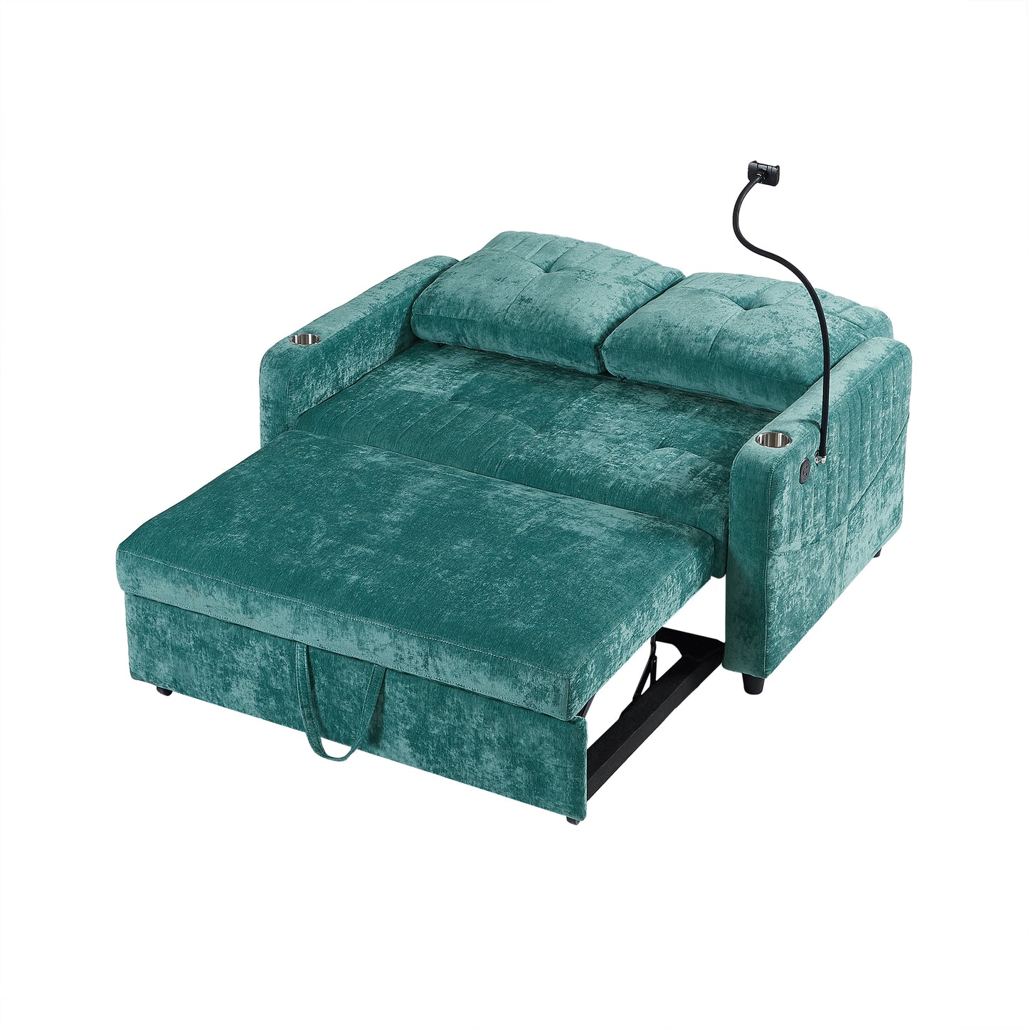 53.9" Modern Loveseat Pull-out Sofa Bed with Adjustable Backrest, Two Cup Holders , a Phone Holder, Three Charging Ports and Side Storage Pockets for Living Room, Teal