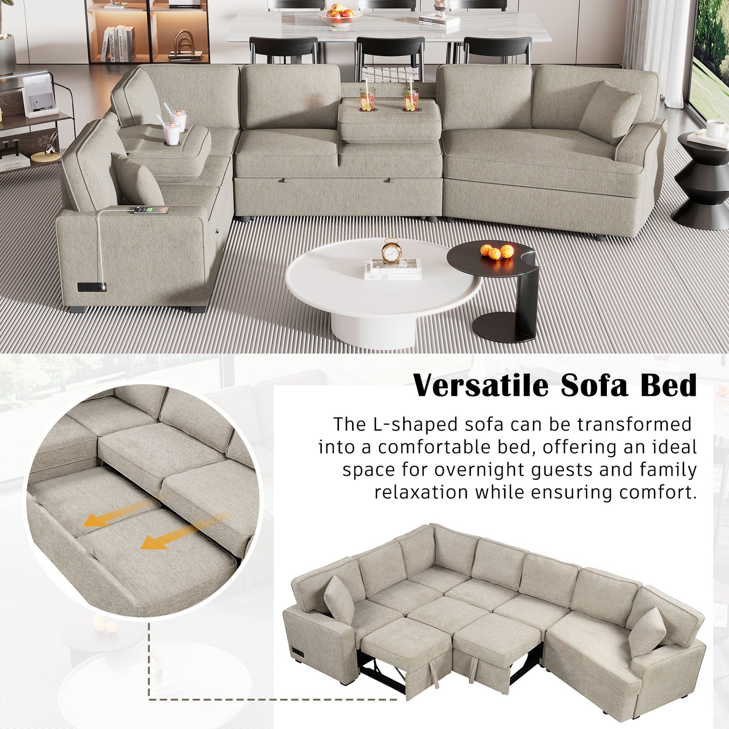 126" L-shaped Sofa Sectional Sofa Couch Pull-out Sofa Bed with Charging Devices and Cup Holders for Living Room, Beige