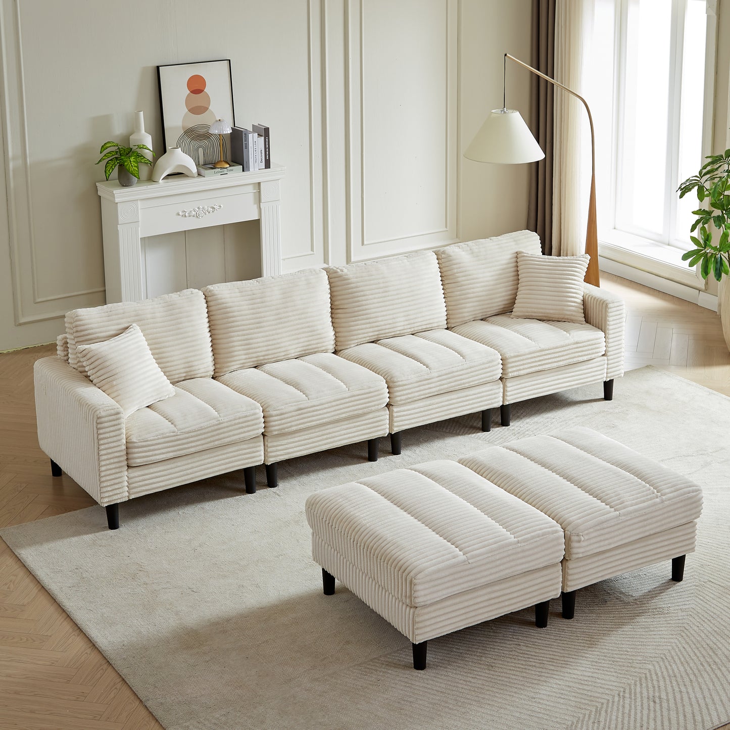 122.5-Inch Oversized U-Shaped Modular Sofa, Corduroy Fabric Sofa, Living Room Sectional Sofa with 2 Pillows, Two ottoman, plastic leg, Beige