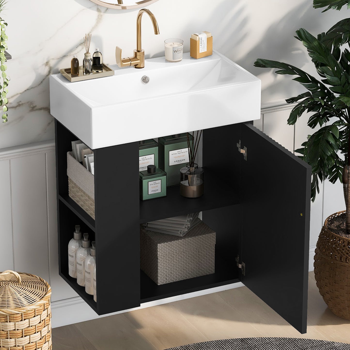 [Video]21.6 inch Modern Floating Bathroom Vanity with Ceramic Basin - Perfect for Small Bathrooms, Left side storage