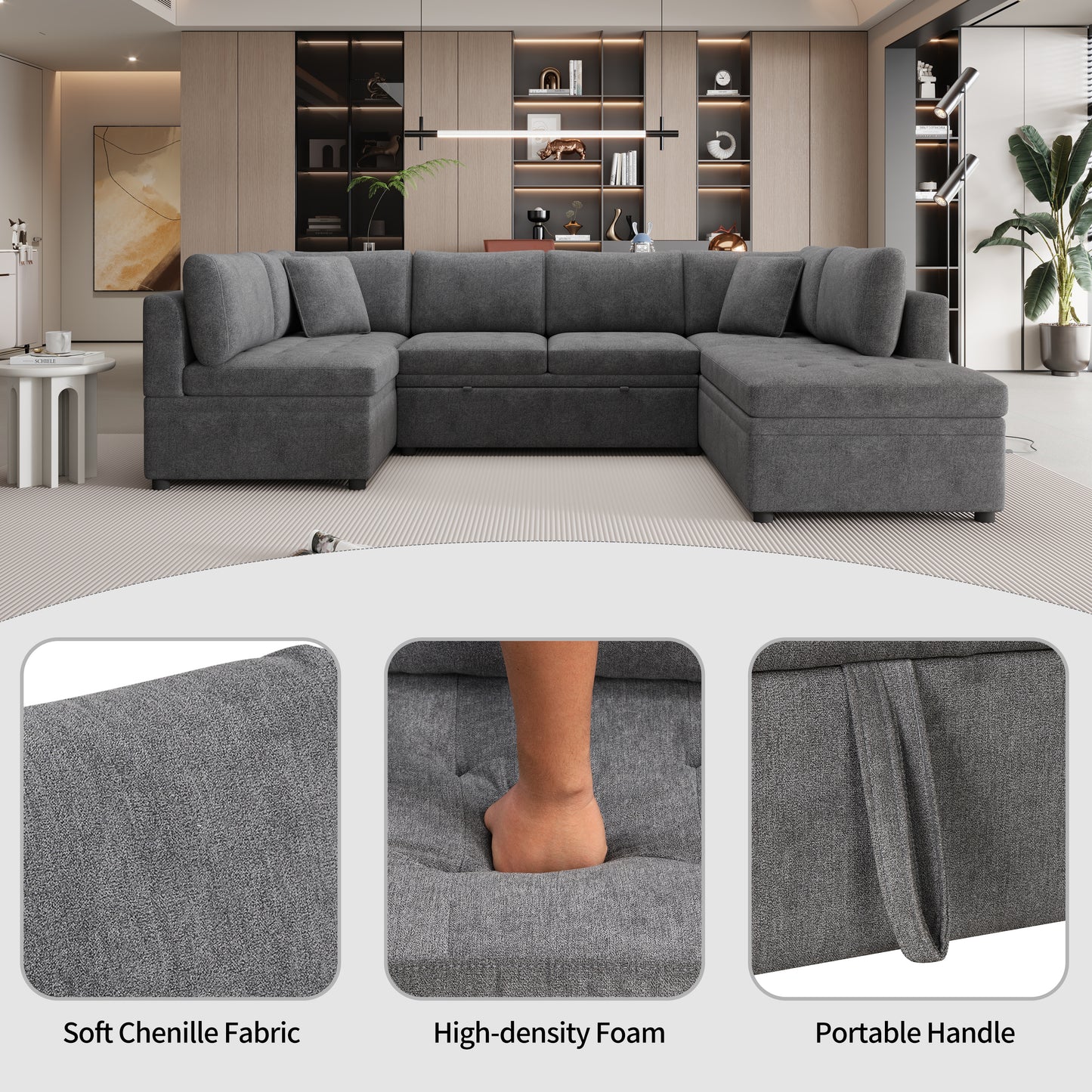 117.3" Oversized Sectional Sofa U- shaped Sofa Couch Pull-out Sofa Bed with Two Throw Pillows for Living Room, Gray