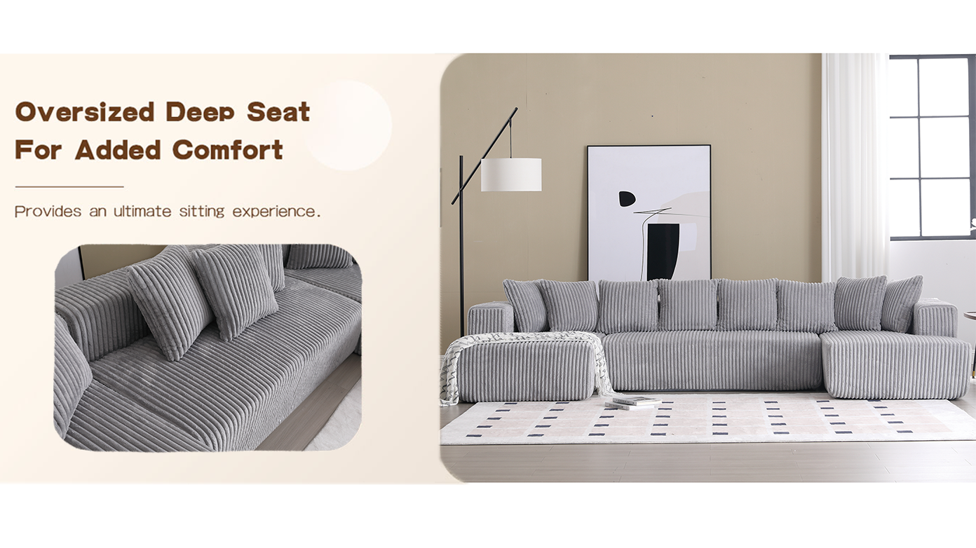 [NEW ARRIVED] [VIDEO PROVIDED]131'' Modular Sectional Couch, U-shaped sofa , Chaise Lounge, Striped fabric,Upholstered 4 Seater Couch for Living Room, Bedroom, Free Combination Sofa (Corduroy), Gray