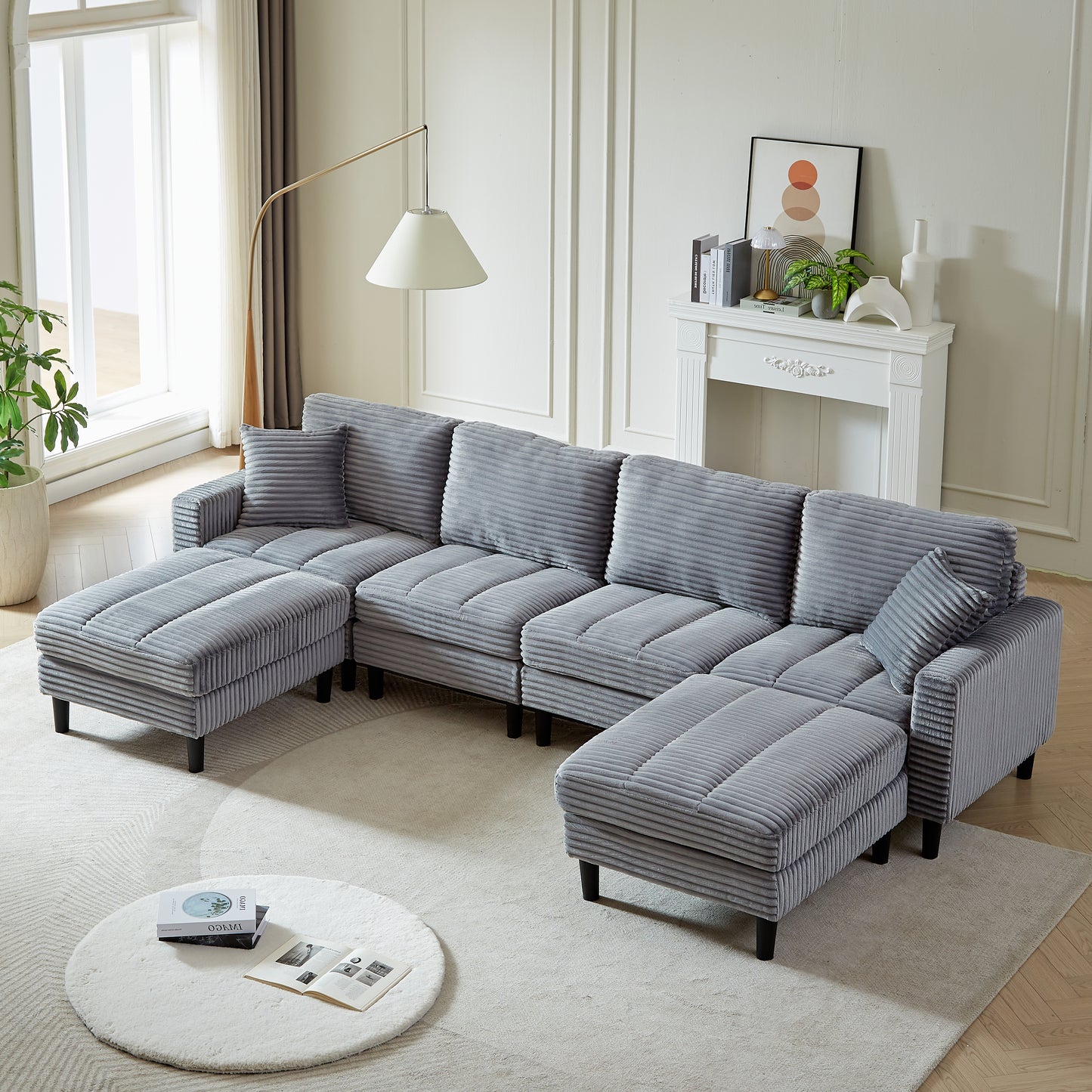 122.5-Inch Oversized U-Shaped Modular Sofa, Corduroy Fabric Sofa, Living Room Sectional Sofa with 2 Pillows, Two ottoman, plastic leg, Grey