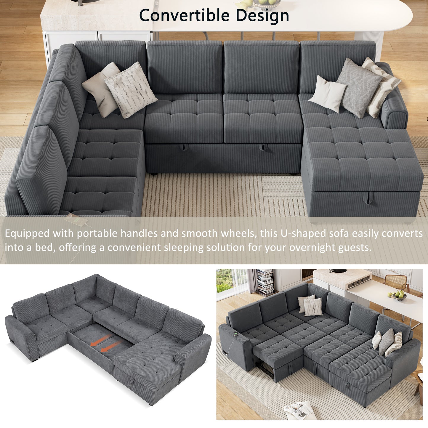 107.5" U-shaped Sofa Sectional Sofa Pull-out Sofa bed with a Storage Chaise Lounge, Charging Devices for Living Room, Gray