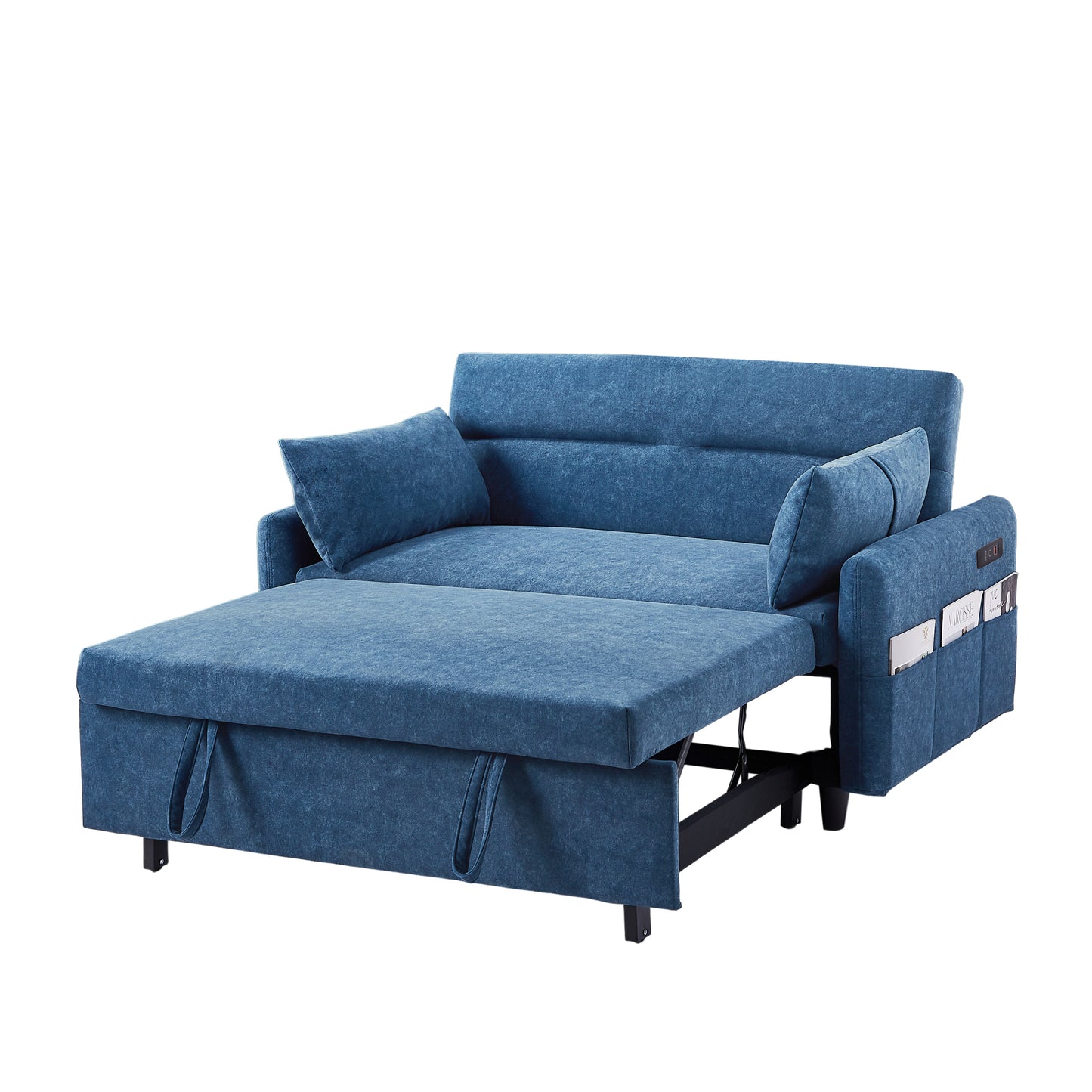 55.1" Pull Out Sleep Sofa Bed Loveseats Sofa Couch with Adjsutable Backrest, Storage Pockets, 2 Soft Pillows, USB Ports for Living Room, Bedroom, Apartment, Office, Blue (Old SKU: WF315689AAC)