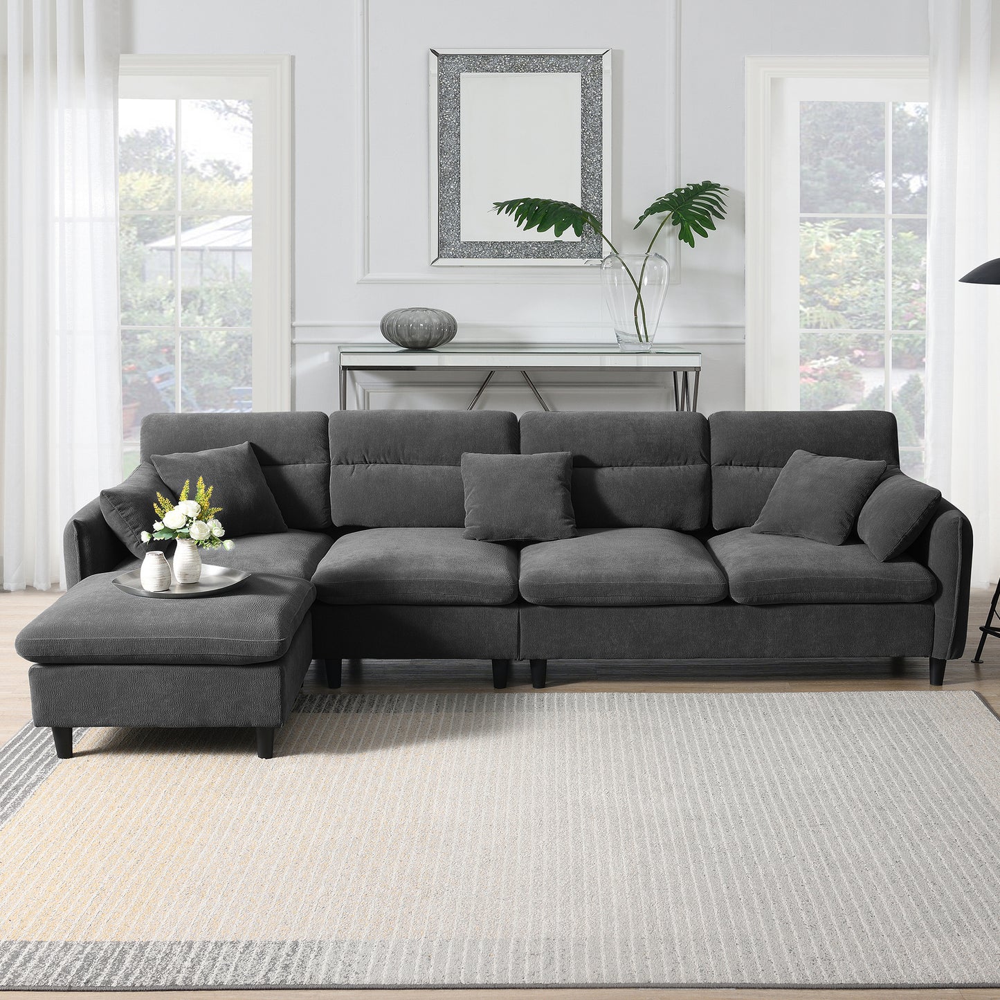 [VIDEO provided][New]110*62" Modern Convertible Sectional Sofa,L-shaped Reversible Couch Set with Free Pillows,5 Seat Cloud Chenille Indoor Furniture with Ottoman for Living Room,Apartment,3 Colors