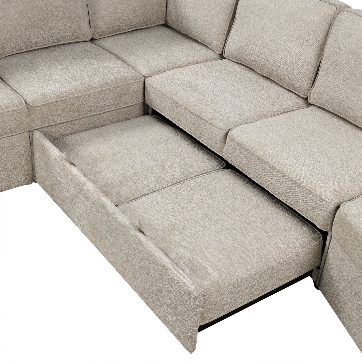 126" L-shaped Sofa Sectional Sofa Couch Pull-out Sofa Bed with Charging Devices and Cup Holders for Living Room, Beige