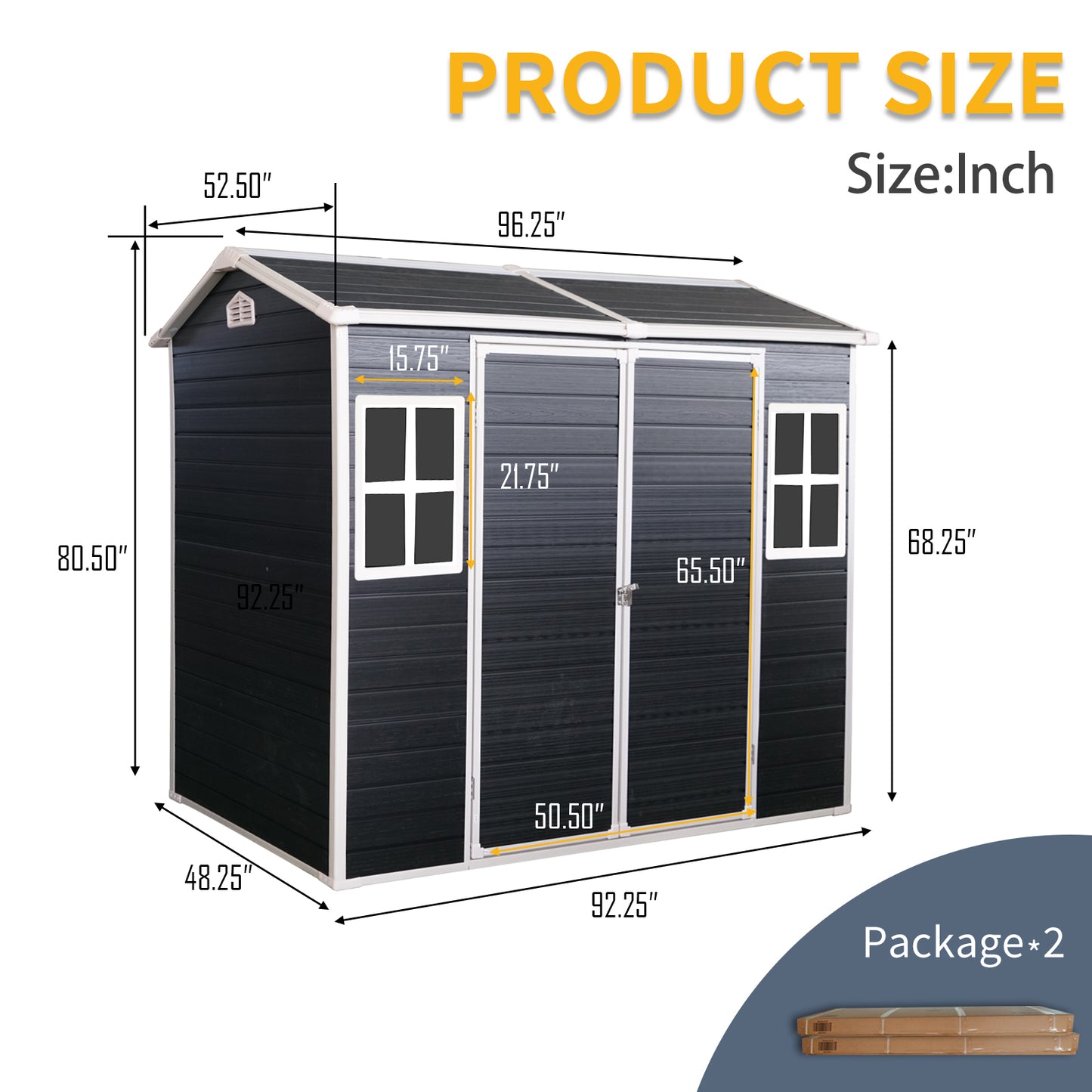 4x8ft Resin Outdoor Storage Shed with Two-Window and Double-Door,Plastic Shed with Floor for Gargen,Patio,Yard,Lawn,Black