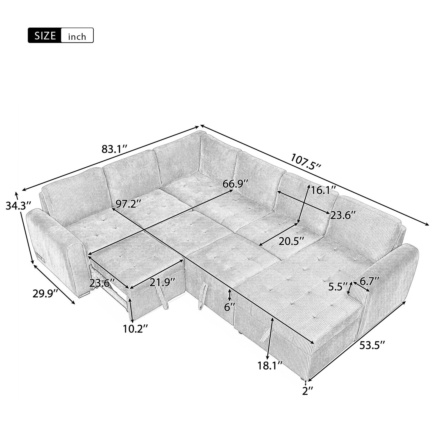 107.5" U-shaped Sofa Sectional Sofa Pull-out Sofa bed with a Storage Chaise Lounge, Charging Devices for Living Room, Gray