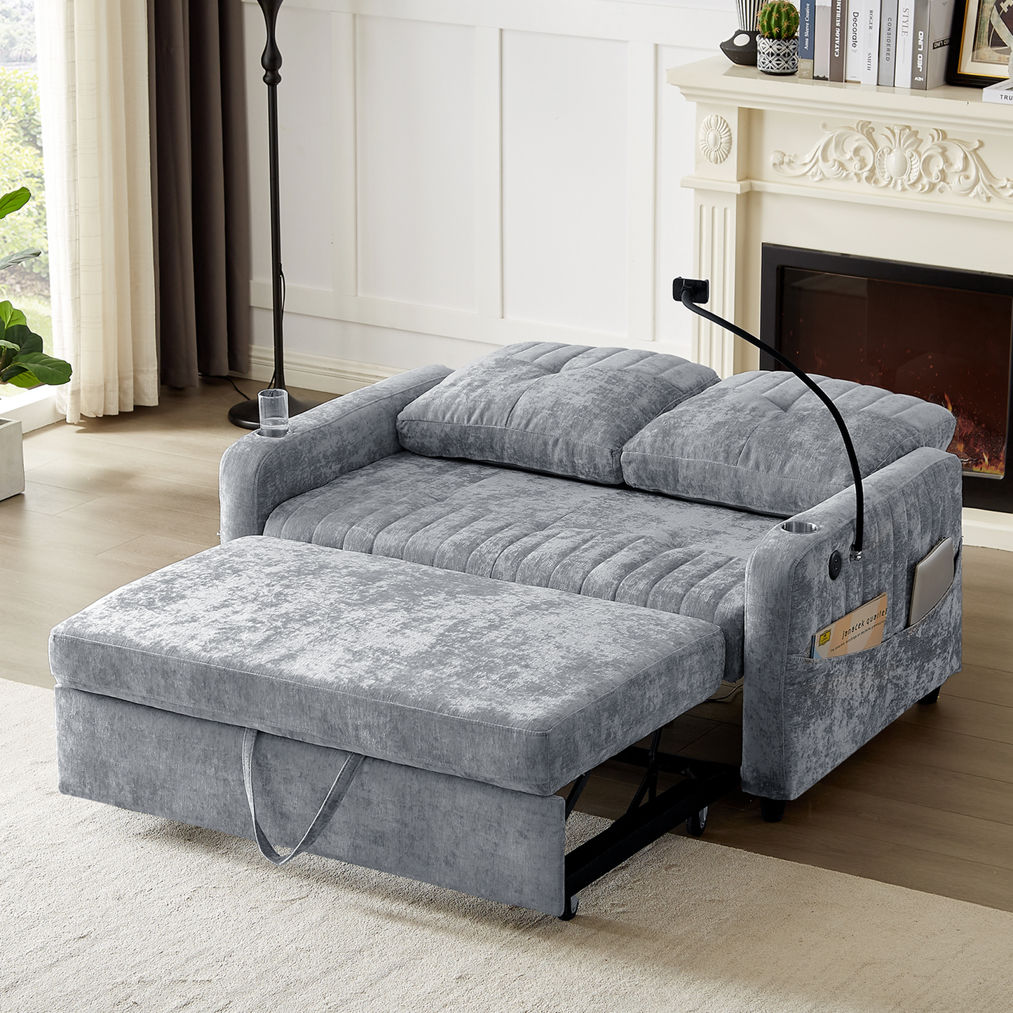 53.9" Modern Loveseat Pull-out Sofa Bed with Adjustable Backrest, Two Cup Holders , a Phone Holder, Three Charging Ports and Side Storage Pockets for Living Room, Grey