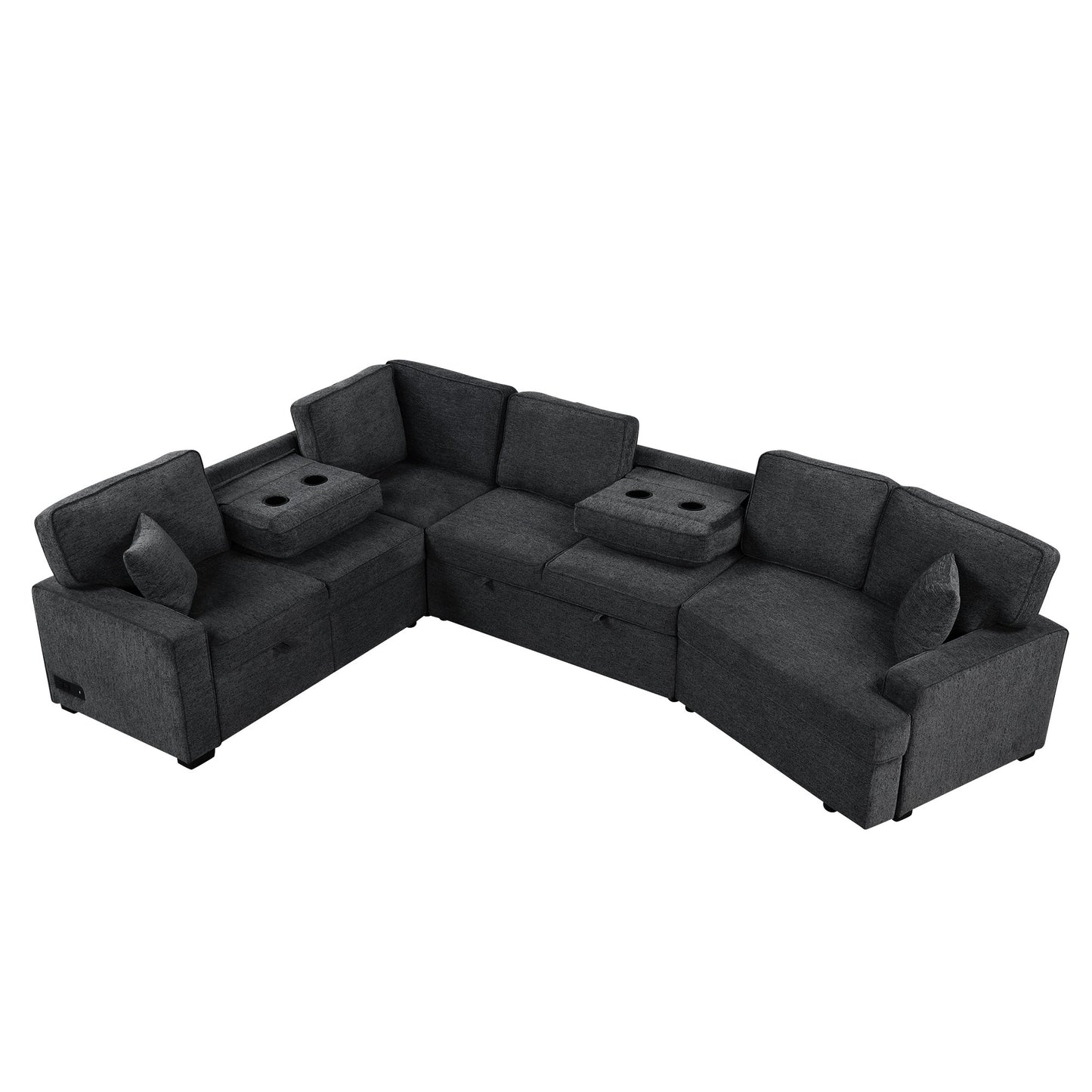 126" L-shaped Sofa Sectional Sofa Couch Pull-out Sofa Bed with Charging Devices and Cup Holders for Living Room, Blue Black