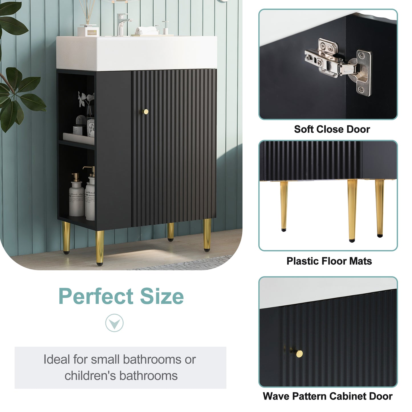 21.6" Black Bathroom vanity, Combo Cabinet, Bathroom Storage Cabinet, Single Ceramic Sink, Left side storage