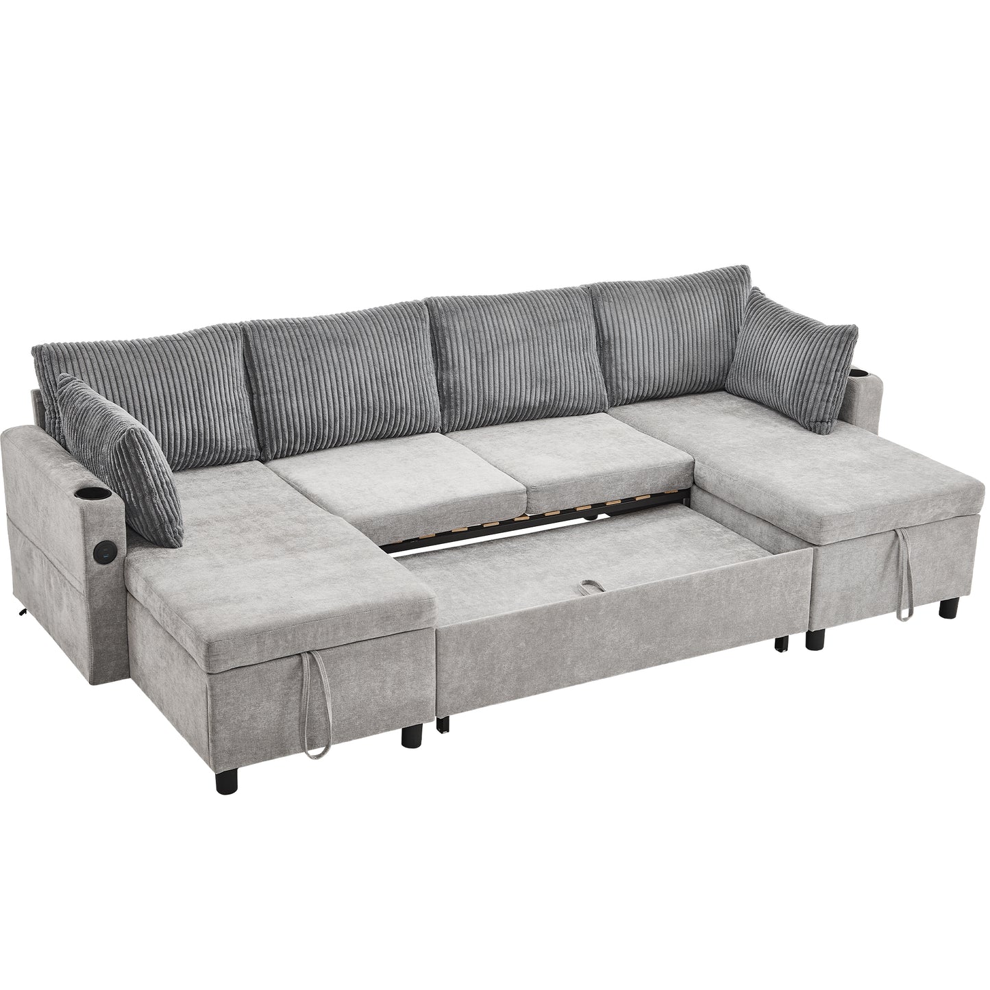 111.8" Sectional Sofa Pull-out Sofa Bed Versatile Sofa Sleeper with Large Storage Space, Two USB Ports and Two Cup Holders for Living Room, Grey