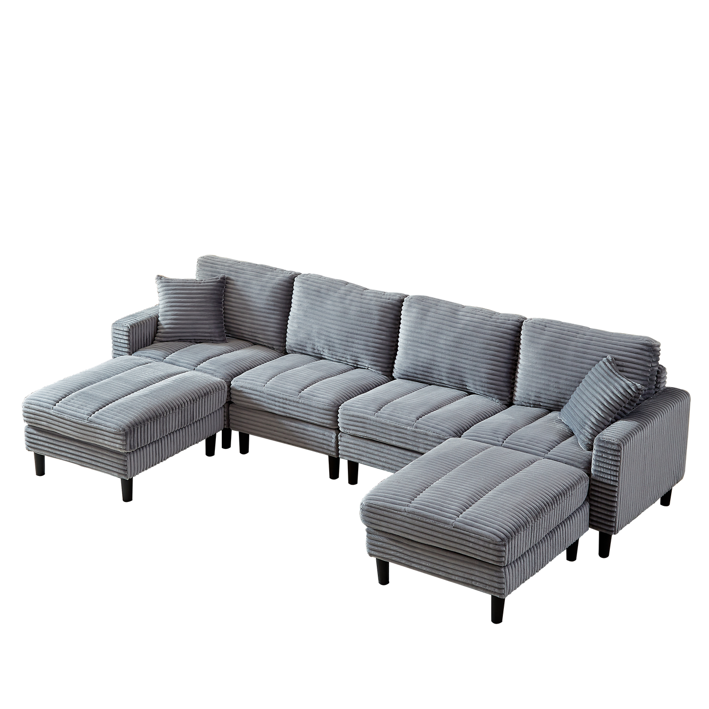 122.5-Inch Oversized U-Shaped Modular Sofa, Corduroy Fabric Sofa, Living Room Sectional Sofa with 2 Pillows, Two ottoman, plastic leg, Grey