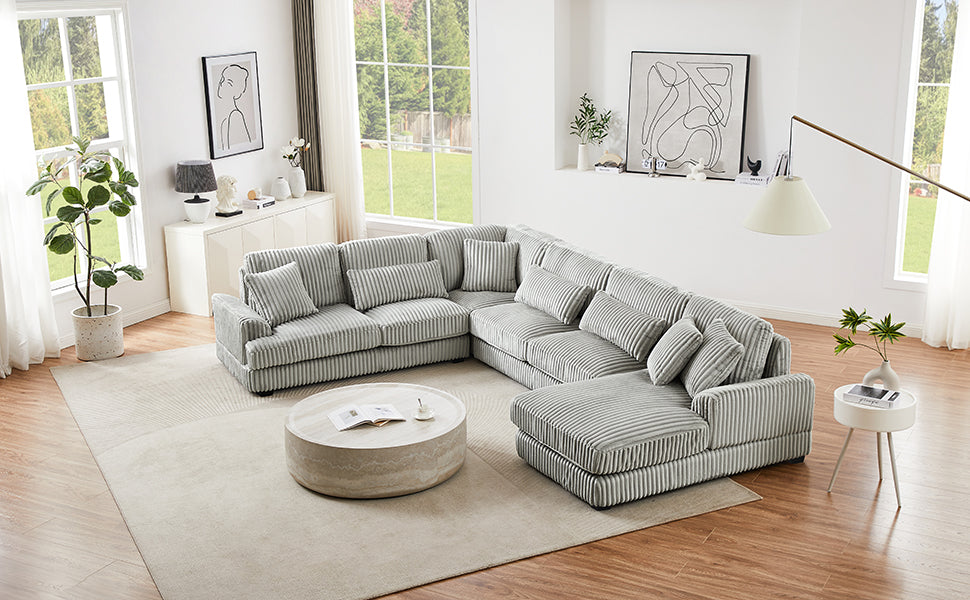 129" Oversized Sectional Sofa U-shaped Sofa Couch Modern Sofa Upholstered in Soft Corduroy with a Chaise Lounge for Living Room, Grey