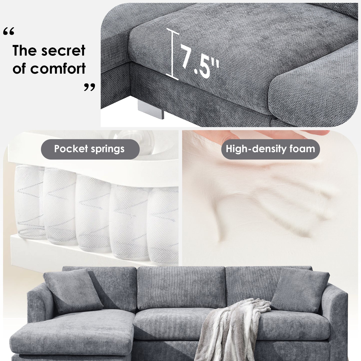 [VIDEO provided][New] 96*56" Modern Cloud Sectional Sofa,L-shaped Luxury Couch Set with 2 Free pillows,4-seat Chenille Indoor Furniture with Oversized Chaise for Living Room,Apartment,Office,3 Colors