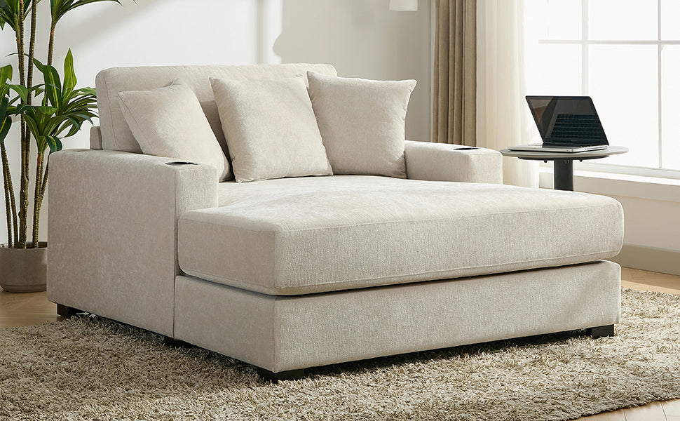 55" Oversized Chaise Lounger Modern Style Sofa Couch ,with Pillows, Charge Station & Cup Holders, Chenille Fabric, Cream