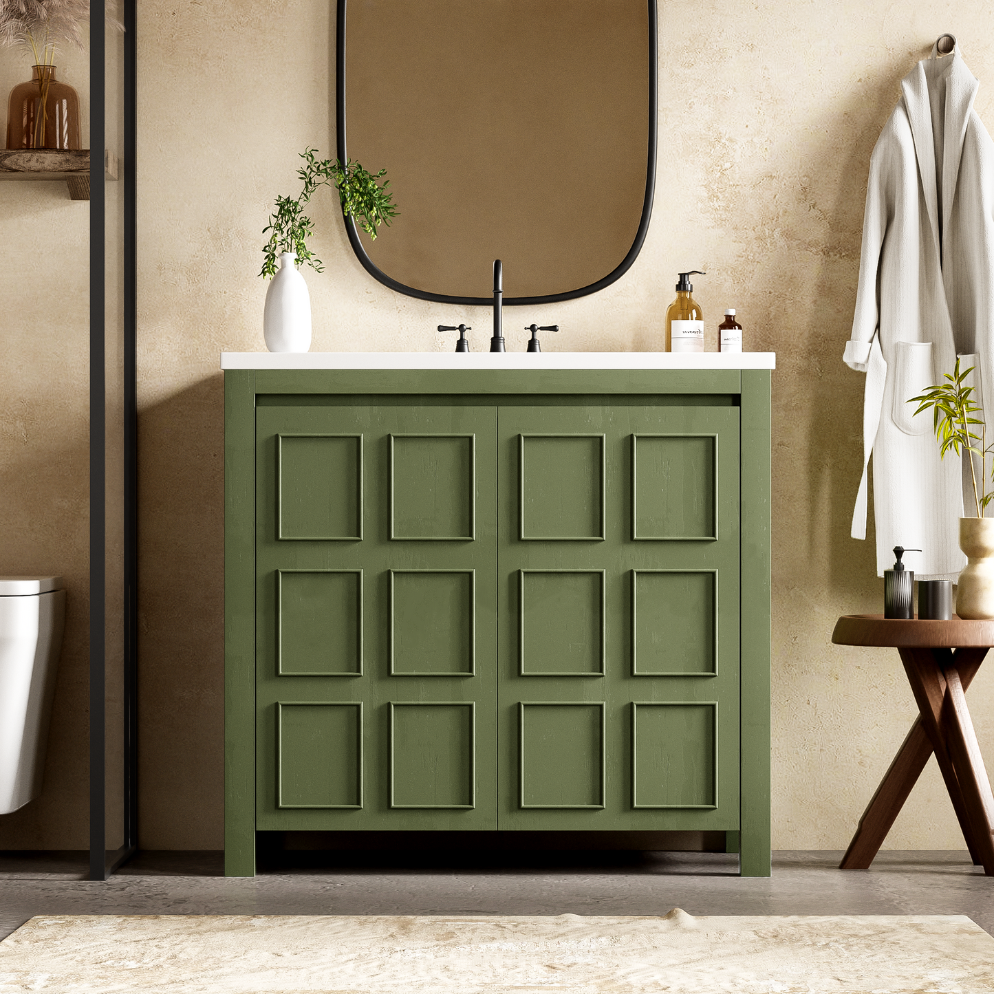 36" Bathroom Vanity Organizer with Sink, Combo Cabinet Set, Bathroom Storage Cabinet, Olive Green