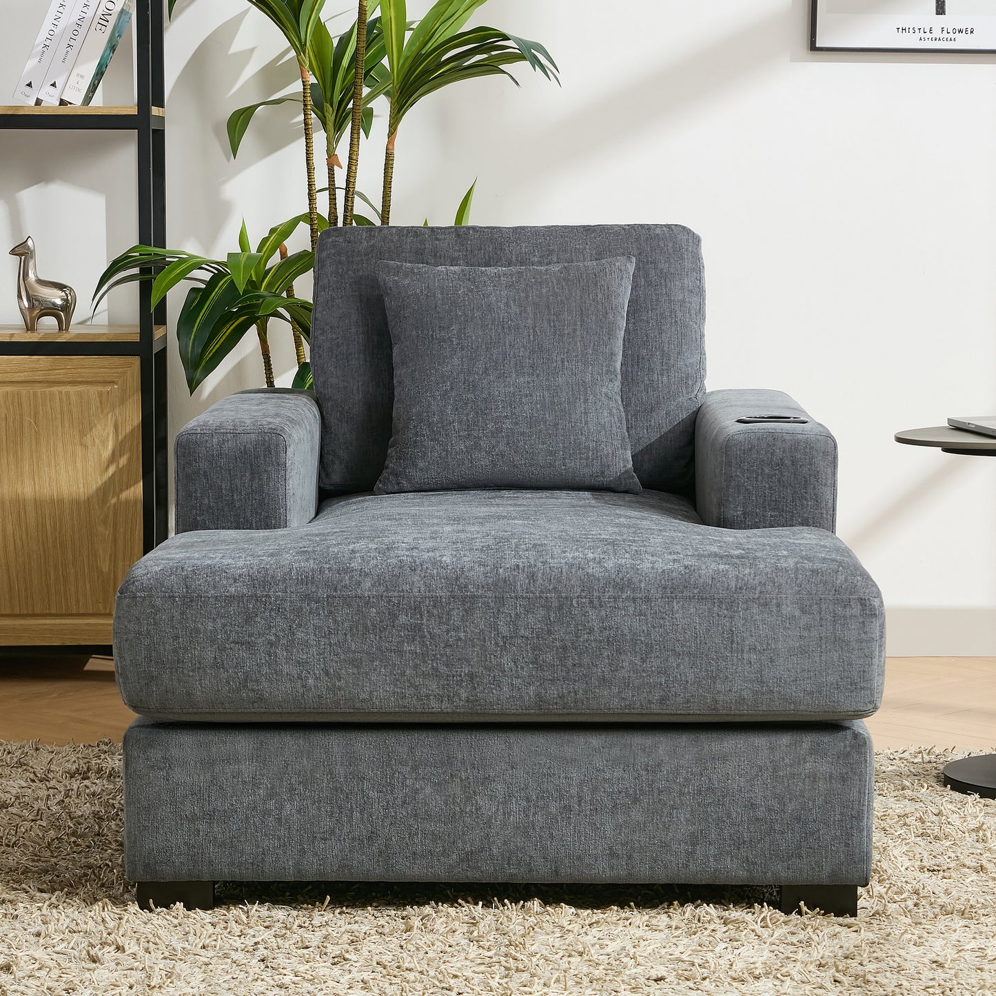 39.7" Oversized Chaise Lounger Modern Style Sofa Couch ,with Pillows, Charge Station & Cup Holders, Chenille Fabric, Blue Gray