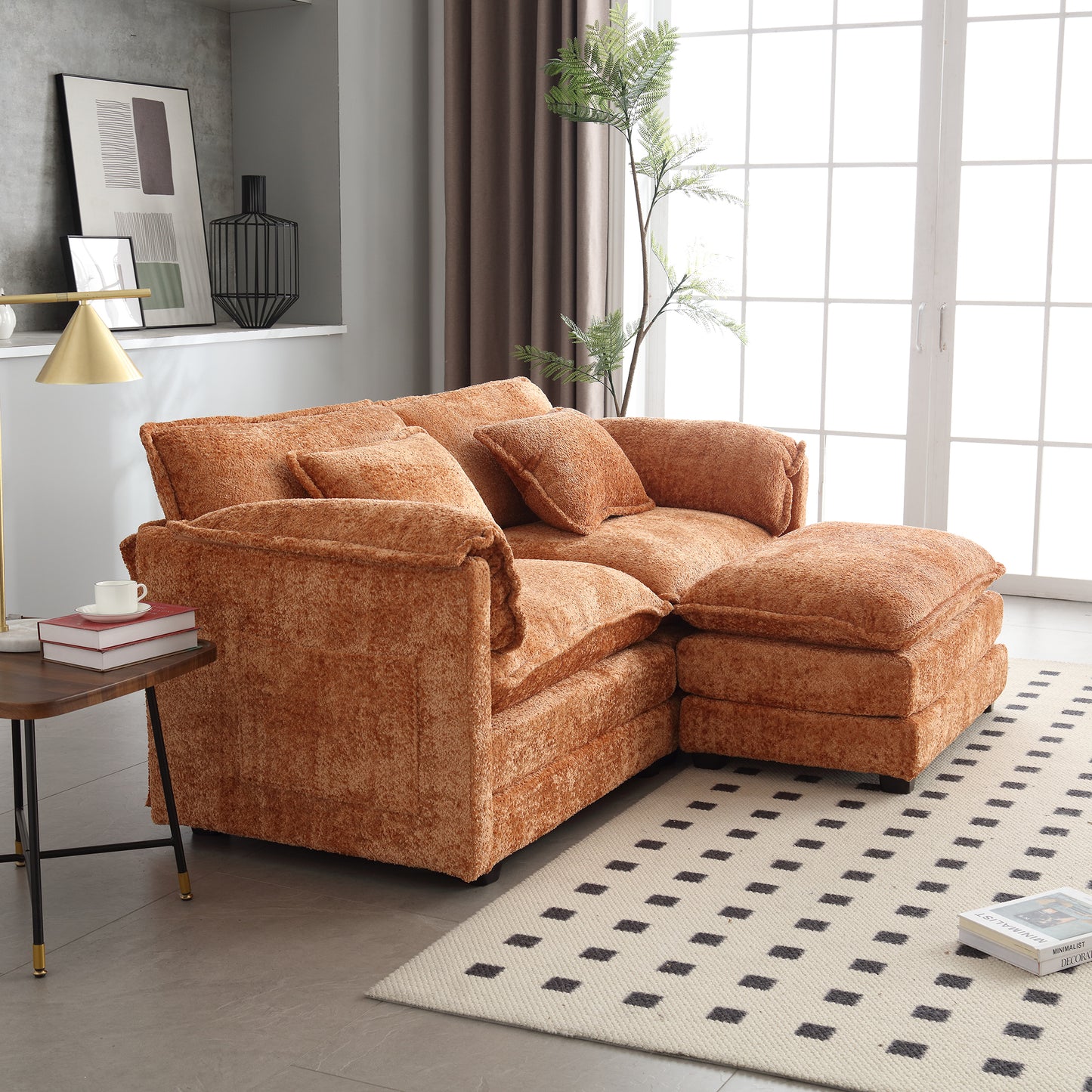 UNITED WE WIN Chenille fabric, removable armrests with side pockets, high density sponge filling, oversized double sofa with footstool