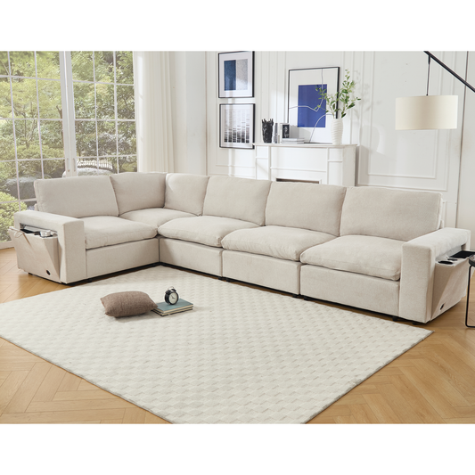 [NEW ARRIVED] [VIDEO PROVIDED]Sectional Couches For Living Room,Modular Couch,Wireless Charging Port & Cup Holders,5-seat ,DIY Combination,L-shaped Sofa,Book Storage Space,Soft Linen Fabric,Beige