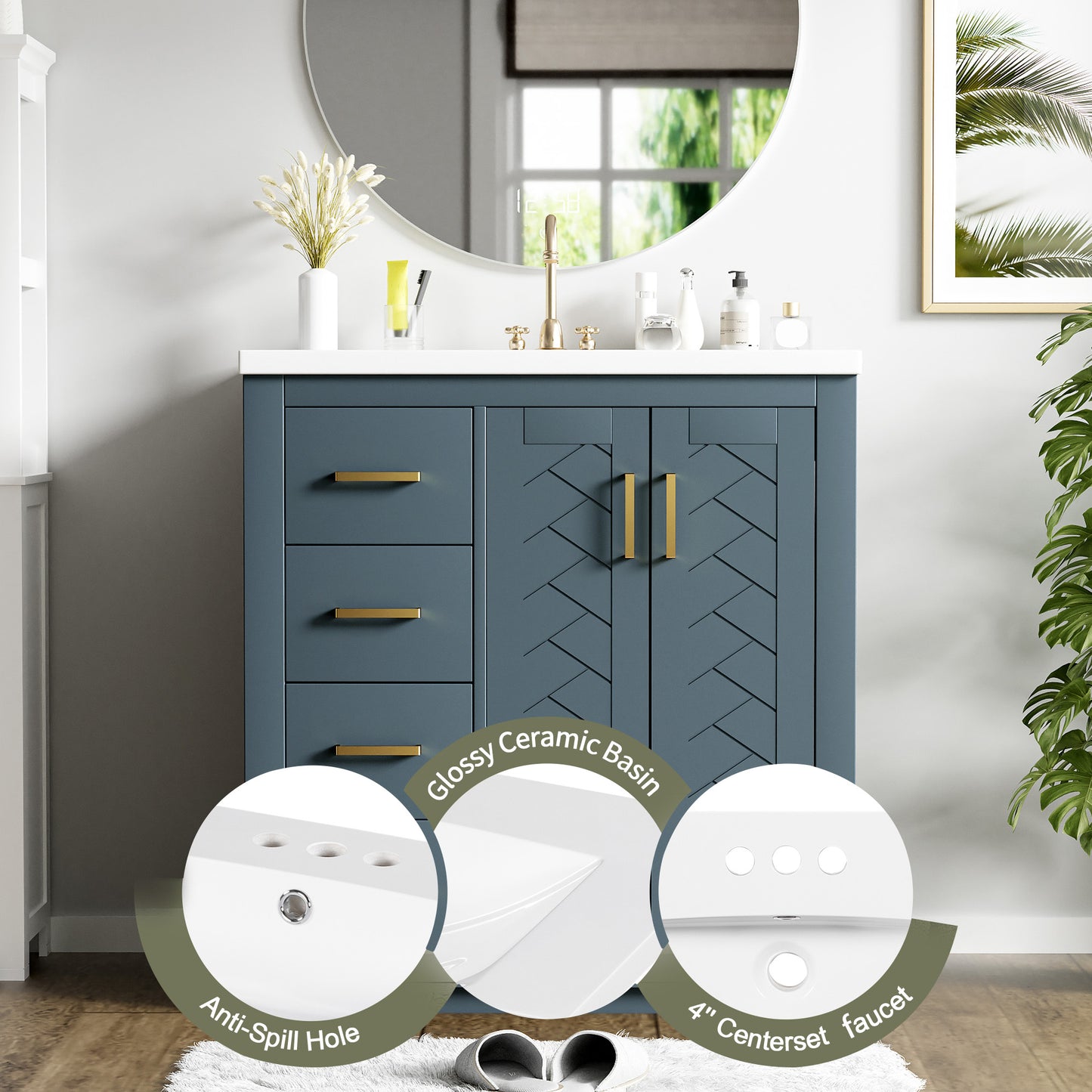 30'' Bathroom Vanity with Ceramic Sink Combo,Solid Wood Frame Bathroom Storage Cabinet, Freestanding Vanity Set with 3 Drawers& Soft Closing Doors