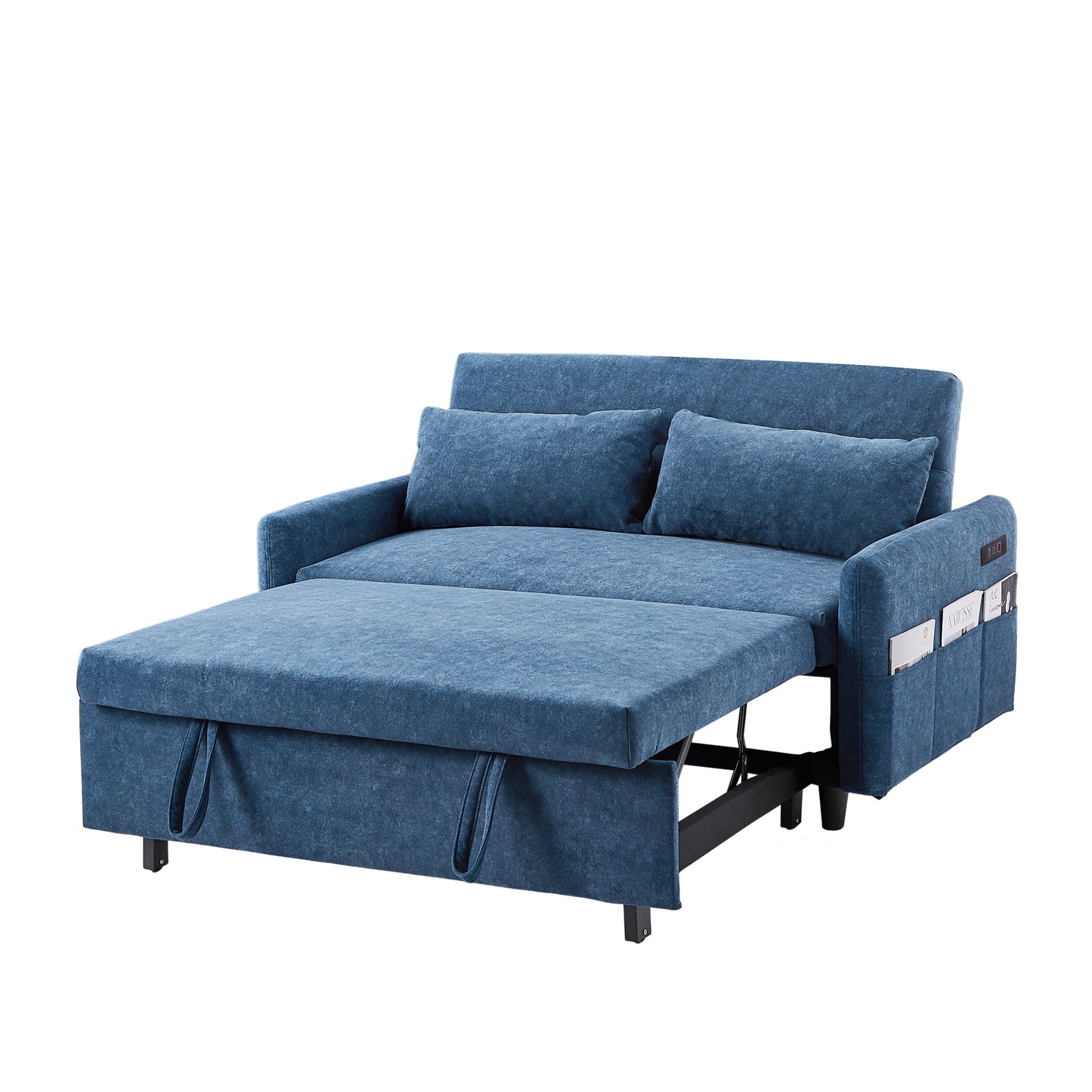 55.1" Pull Out Sleep Sofa Bed Loveseats Sofa Couch with Adjsutable Backrest, Storage Pockets, 2 Soft Pillows, USB Ports for Living Room, Bedroom, Apartment, Office, Blue (Old SKU: WF315689AAC)