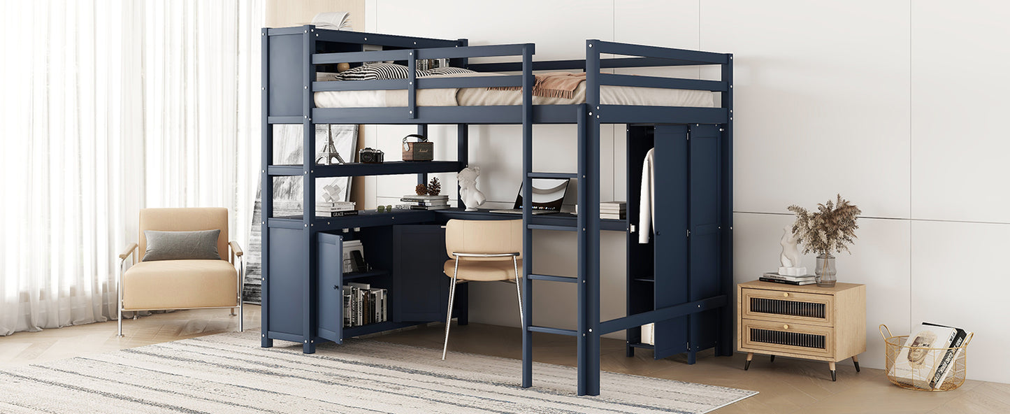 Wood Loft Bed with Cabinet and Bookshelf, Full Size Loft with Wardrobe and Desk for Kids,Dark Blue(Expect Arrival Date 2024/8/25)