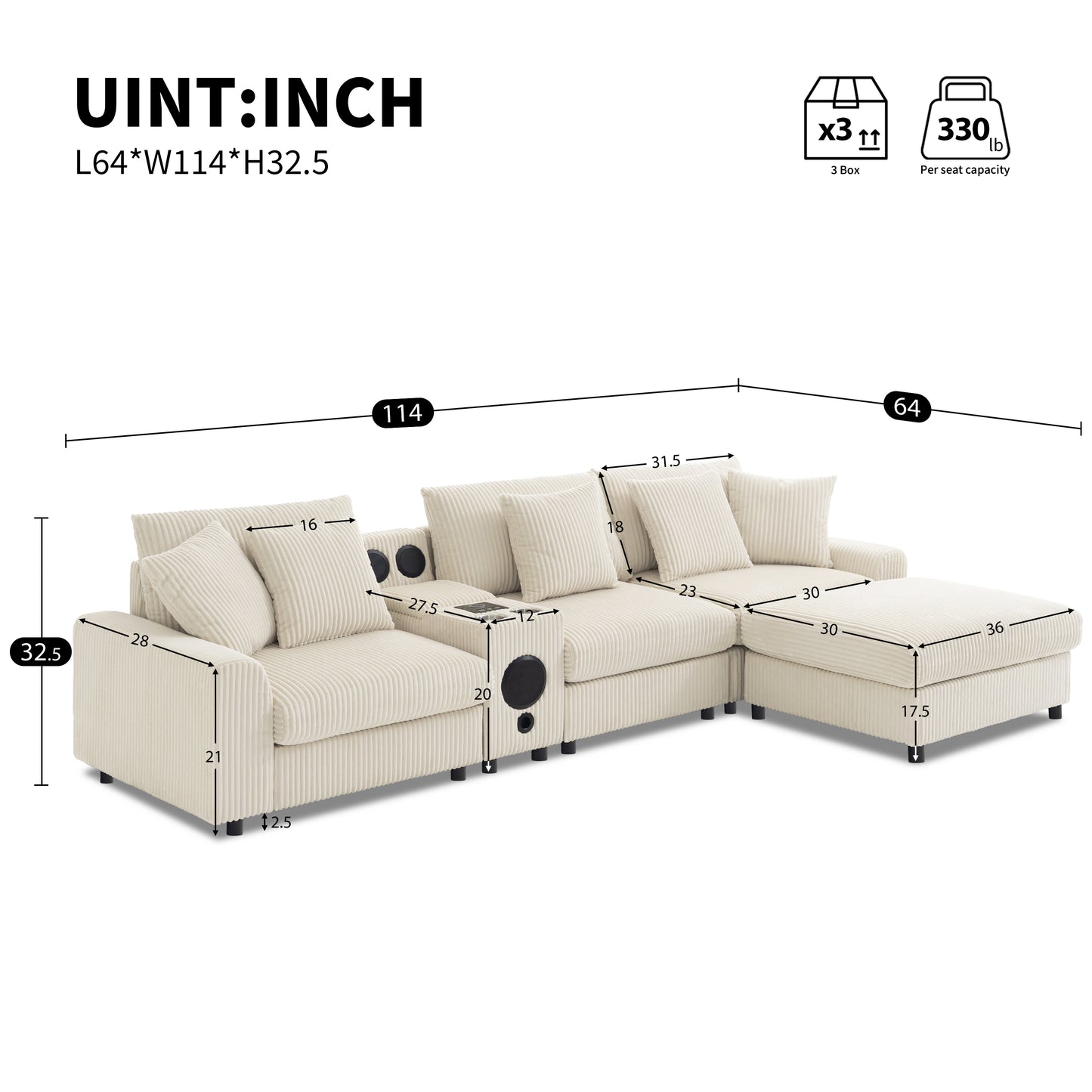 [New+Video]114*64'' Corduroy Sectional Sofa with Bluetooth Speakers,L Shaped Couch with Console,USB Charger,Cup Holders,Storage,Ottoman,Deep and Wide Seat Cloud Sofa for Living Room,Apartment,2 Colors