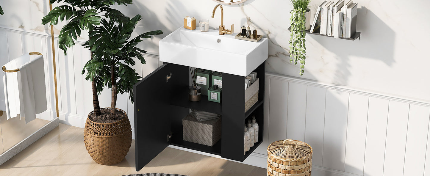 [Video] 21.6 inch Modern Floating Bathroom Vanity with Ceramic Basin - Perfect for Small Bathrooms, Right side storage