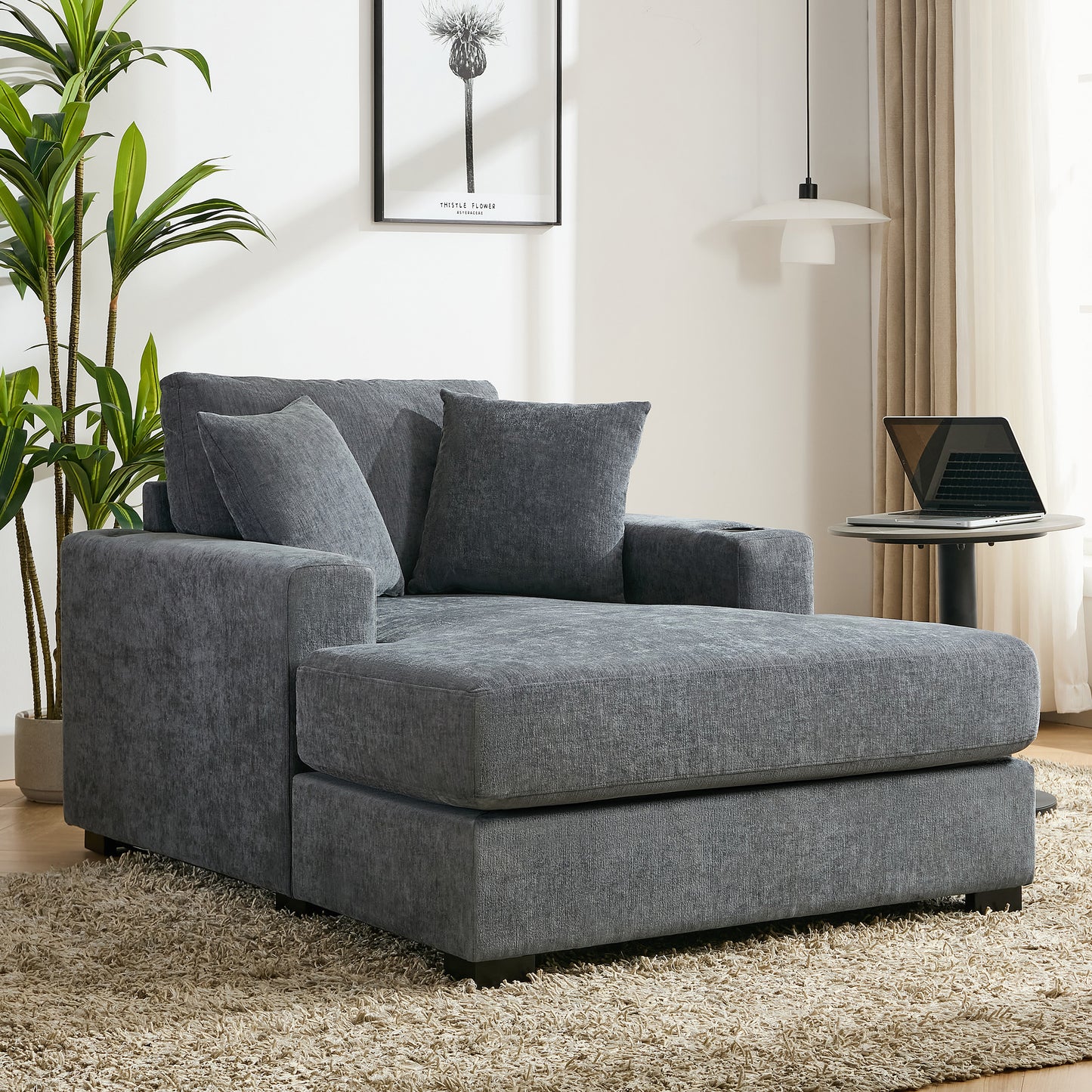 43.5" Oversized Chaise Lounger Modern Style Sofa Couch ,with Pillows, Charge Station & Cup Holders, Chenille Fabric, Blue Gray