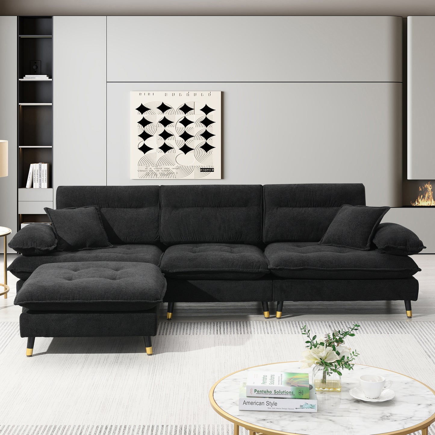 [VIDEO provided][New]106*66.5" L shaped Convertible Sectional Sofa,4 Seat Tufted Couch Set with Two-tone Adjust Legs,Cloud Chenille Fabric,Movable Ottoman for Living Room,  Apartment,Office,3 Colors