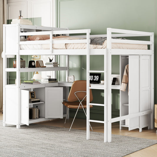 Wood Loft Bed with Cabinet and Bookshelf, Full Size Loft with Wardrobe and Desk for Kids,White (Expect Arrival Date 2024/8/25)