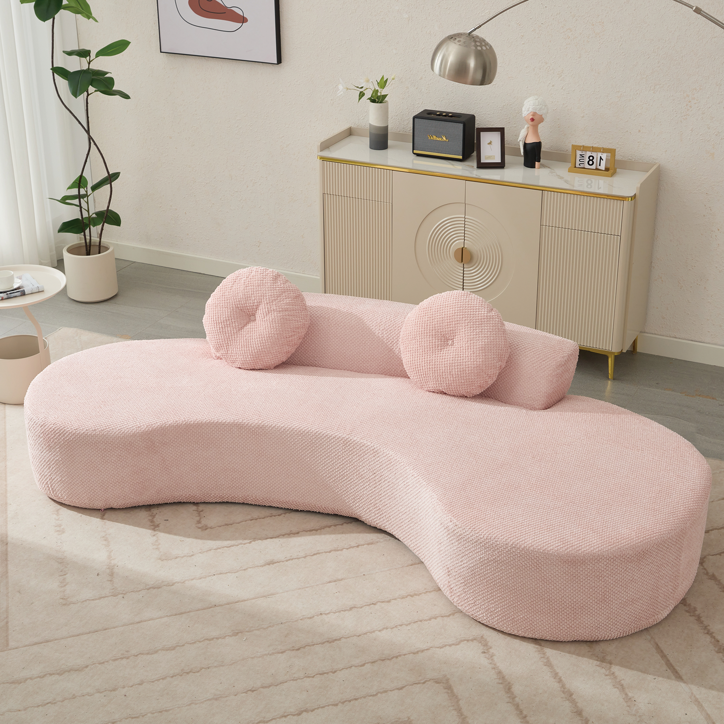 [NEW ARRIVED] [VIDEO PROVIDED]105.5''Curved Sofa, Modern Minimalist Sofa, Cloud Couch Sofa 3-4 Seater Couch with 2 Pillows,Bedroom,  No Assembly Required, Point-shaped corduroy,(Anti-Wrinkle) ,Pink