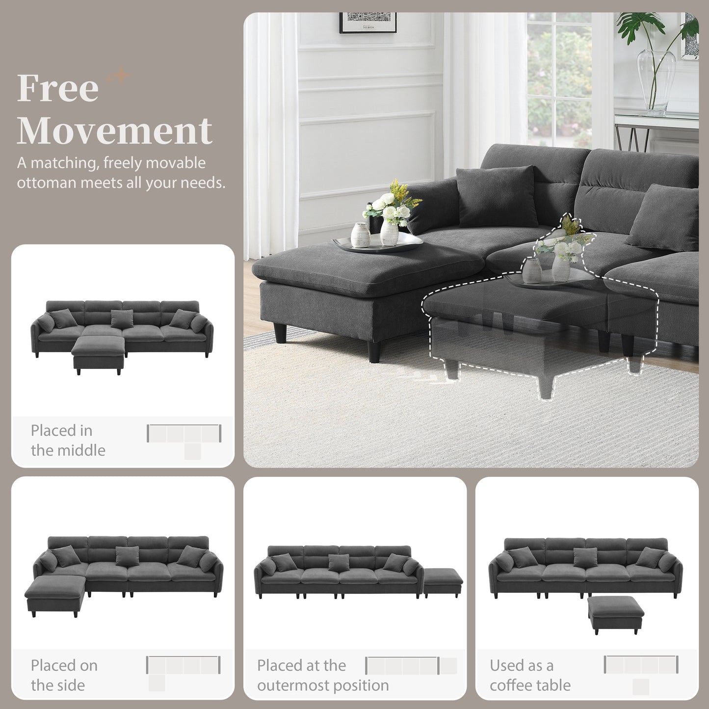 [VIDEO provided][New]110*62" Modern Convertible Sectional Sofa,L-shaped Reversible Couch Set with Free Pillows,5 Seat Cloud Chenille Indoor Furniture with Ottoman for Living Room,Apartment,3 Colors