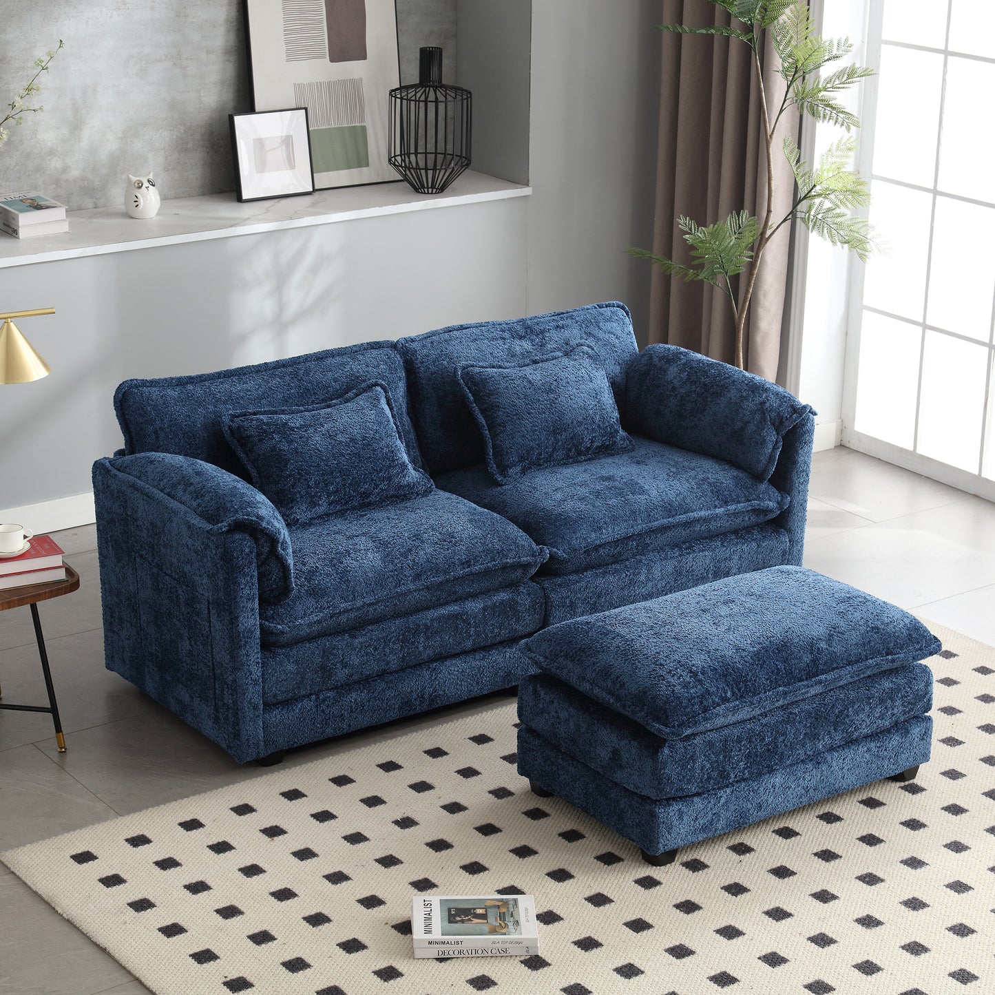 UNITED WE WIN Chenille fabric, removable armrests with side pockets, high density sponge filling, oversized double sofa with footstool