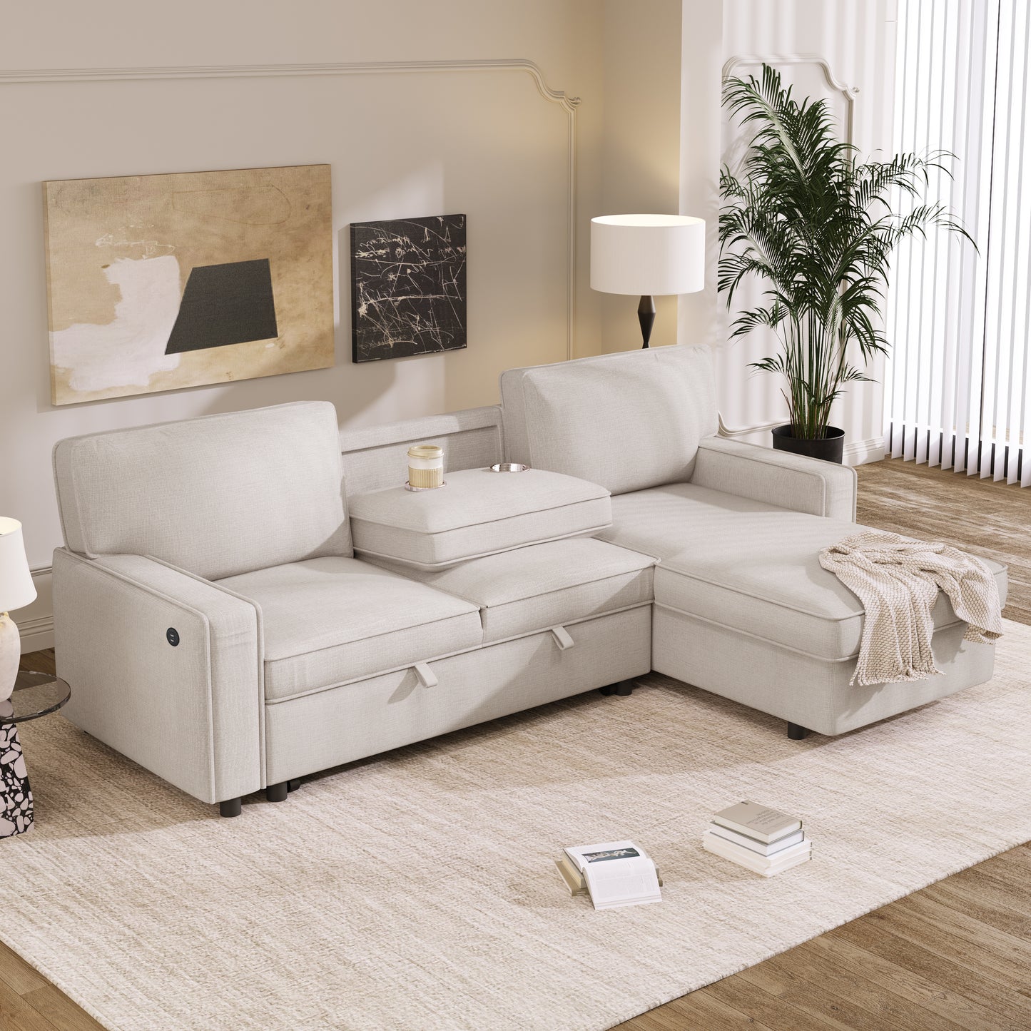 U_STYLE Upholstery Sleeper Sectional Sofa with Storage Space, USB port, 2 cup holders on Back Cushions(same sku; WY000335AAA)