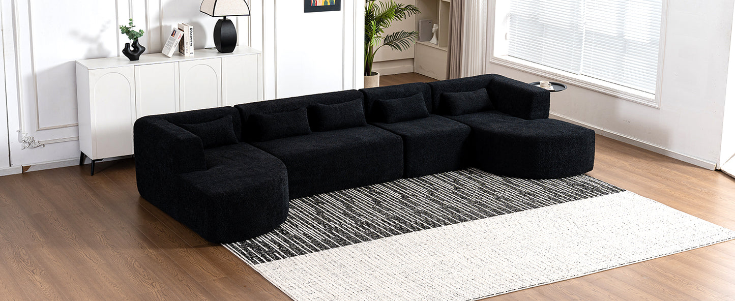 143.7" Upholstered Sofa Free-combined Sofa Couch with Two Chaise Lounge and Five Back Pillows for Living Room, Black