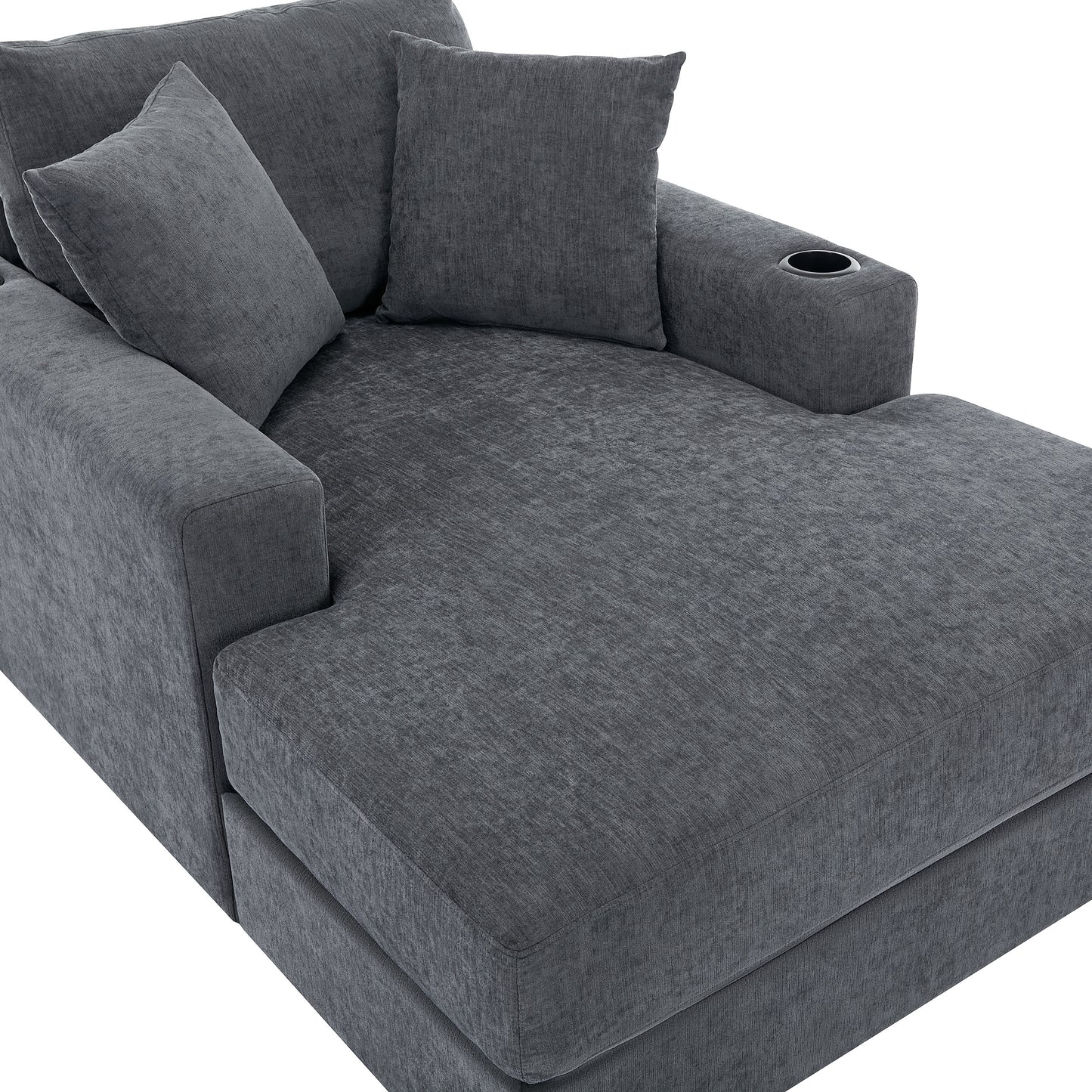 43.5" Oversized Chaise Lounger Modern Style Sofa Couch ,with Pillows, Charge Station & Cup Holders, Chenille Fabric, Blue Gray