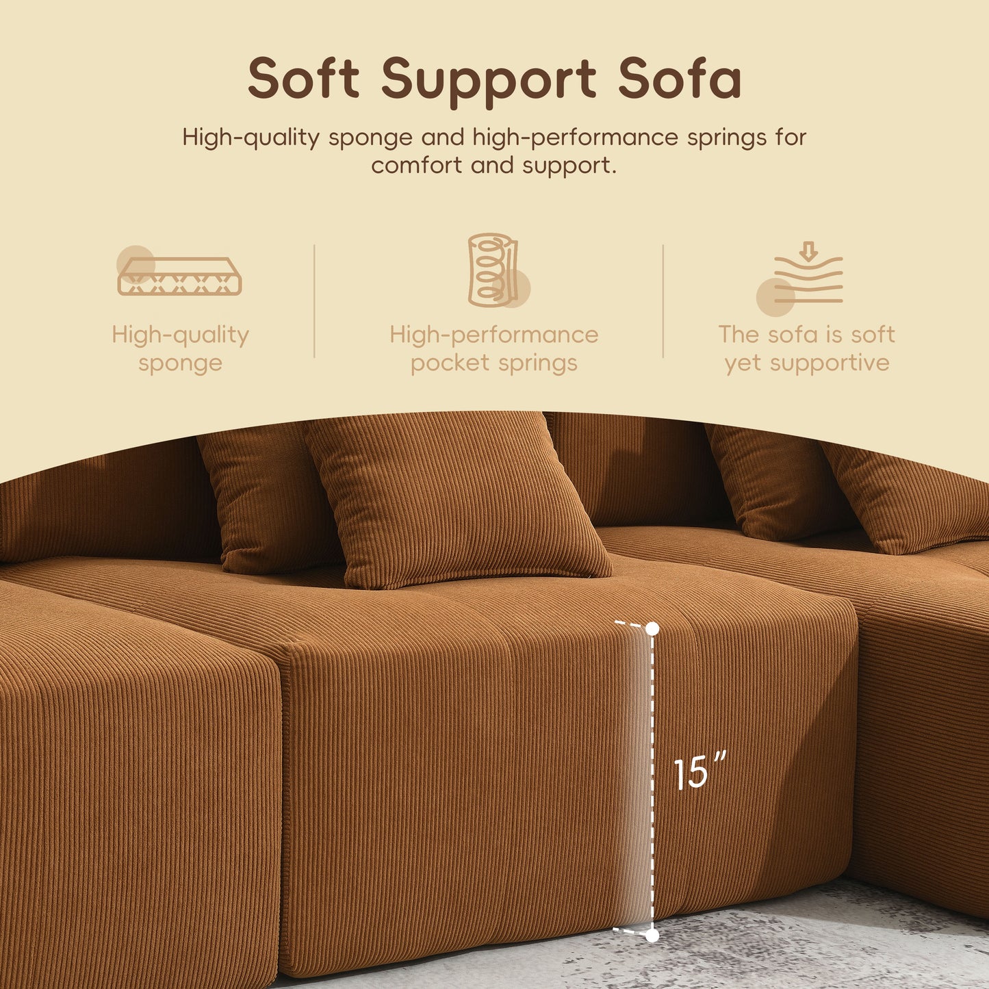 [VIDEO+New]105.5''L Shaped Modular Sectional Sofa,Minimalist Corduroy Floor Couch Set,Convertible Foam-Filled Cloud Compressed Couch for Living Room,3 PC Free Combination,No Assembly Required,3 Colors