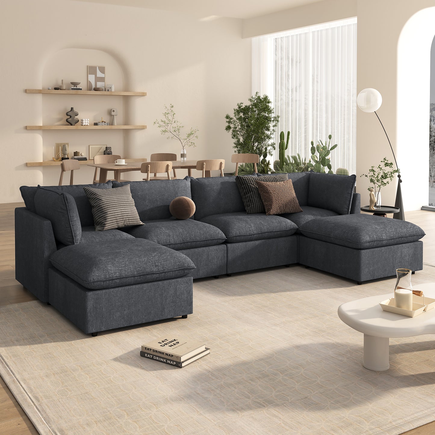 U_Style Modern Large U-Shape Sectional Sofa, 2 Large Chaise with Removable Ottomans, Convertible L-Shape Sectional Sofa with Stylish Piping Design,for Living Room,Spacious Space(Old SKU:WY000351AAE)