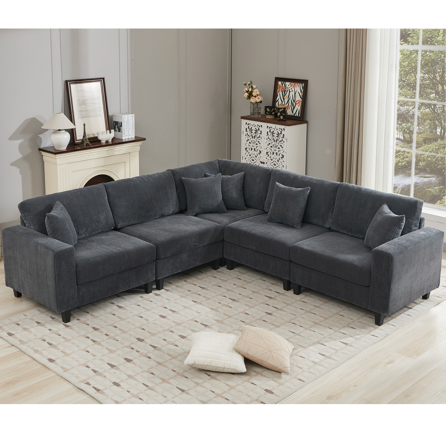 [NEW PACKAGING UPGRADE]Oversized Modular Sectional Sofa Set, L Shaped Couch,Corduroy ,Upholstered,Deep Seat,,5 Seat,5 Throw pillow and 6 back cushion,Living Room, Apartment , Gray