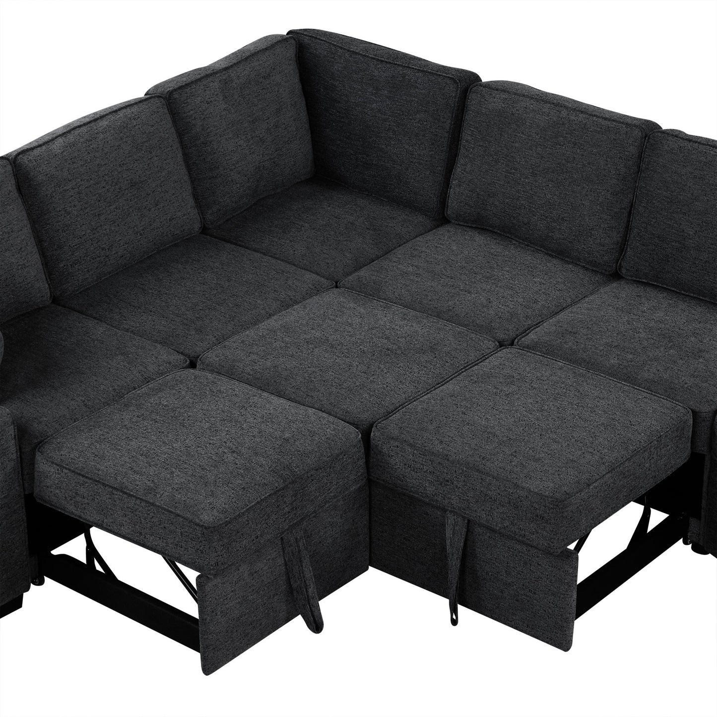 126" L-shaped Sofa Sectional Sofa Couch Pull-out Sofa Bed with Charging Devices and Cup Holders for Living Room, Blue Black