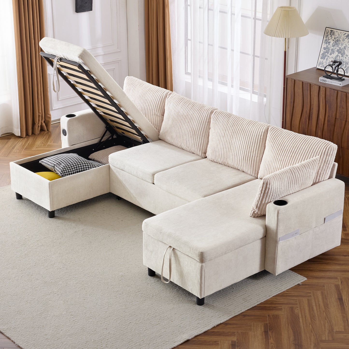 111.8" Sectional Sofa Pull-out Sofa Bed Versatile Sofa Sleeper with Large Storage Space, Two USB Ports and Two Cup Holders for Living Room, Beige