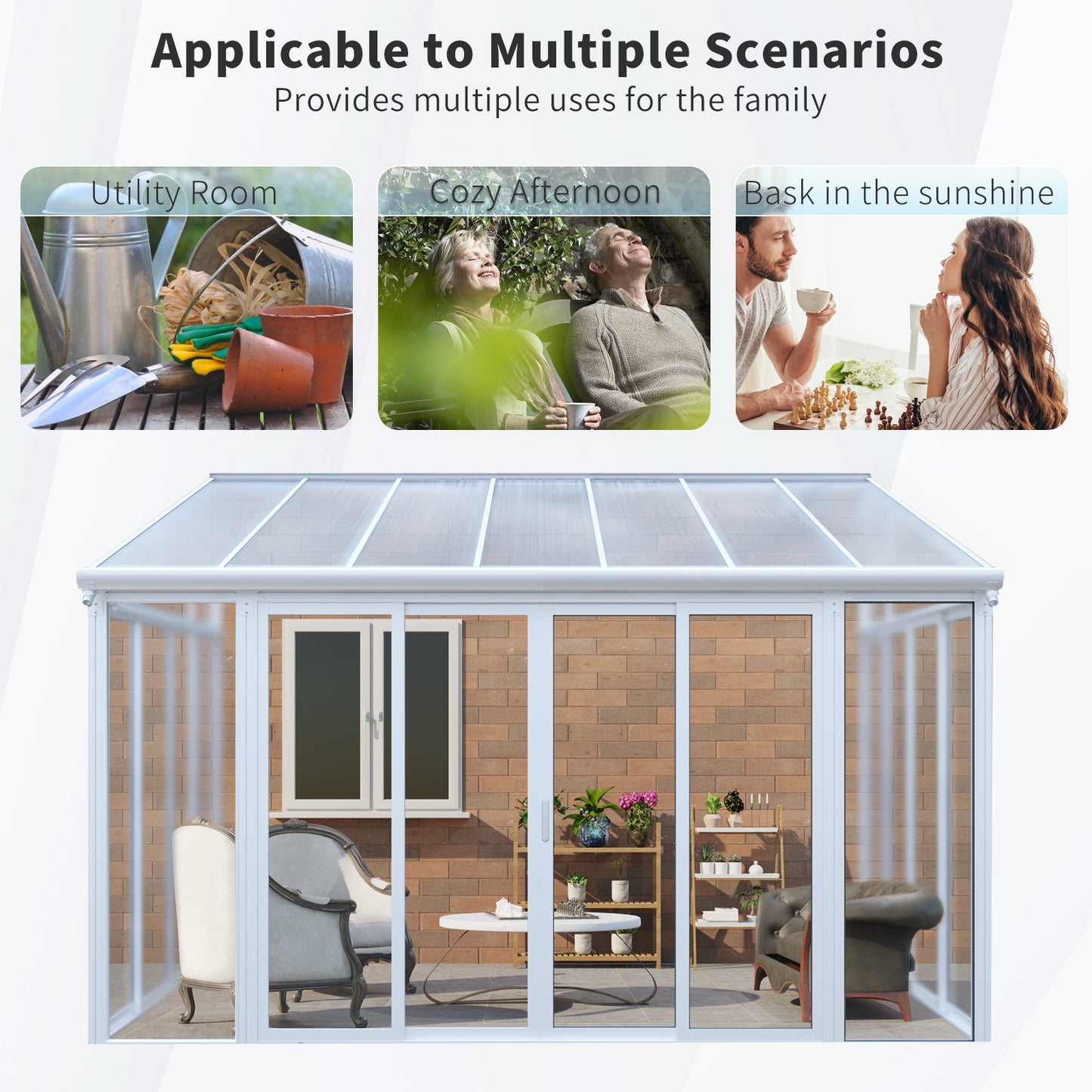 10×14 ft Enclosed Patio Cover with 3 Lockable Sliding Doors, All Season Sunroom with aluminum alloy frame ,Polycarbonate Roof and transparent solid PC endurance panel wall system for Garden Patio Deck