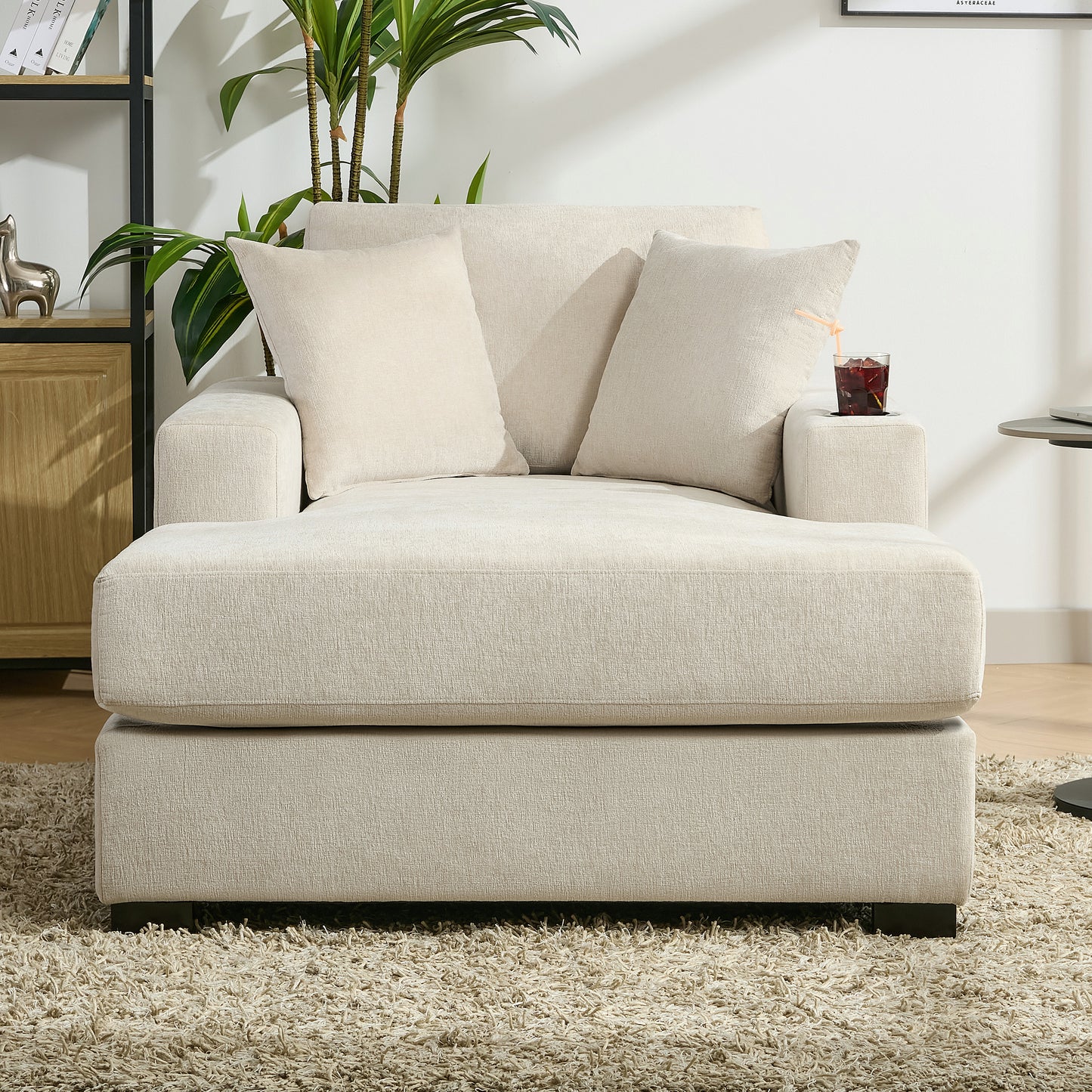 43.5" Oversized Chaise Lounger Modern Style Sofa Couch ,with Pillows, Charge Station & Cup Holders, Chenille Fabric, Cream