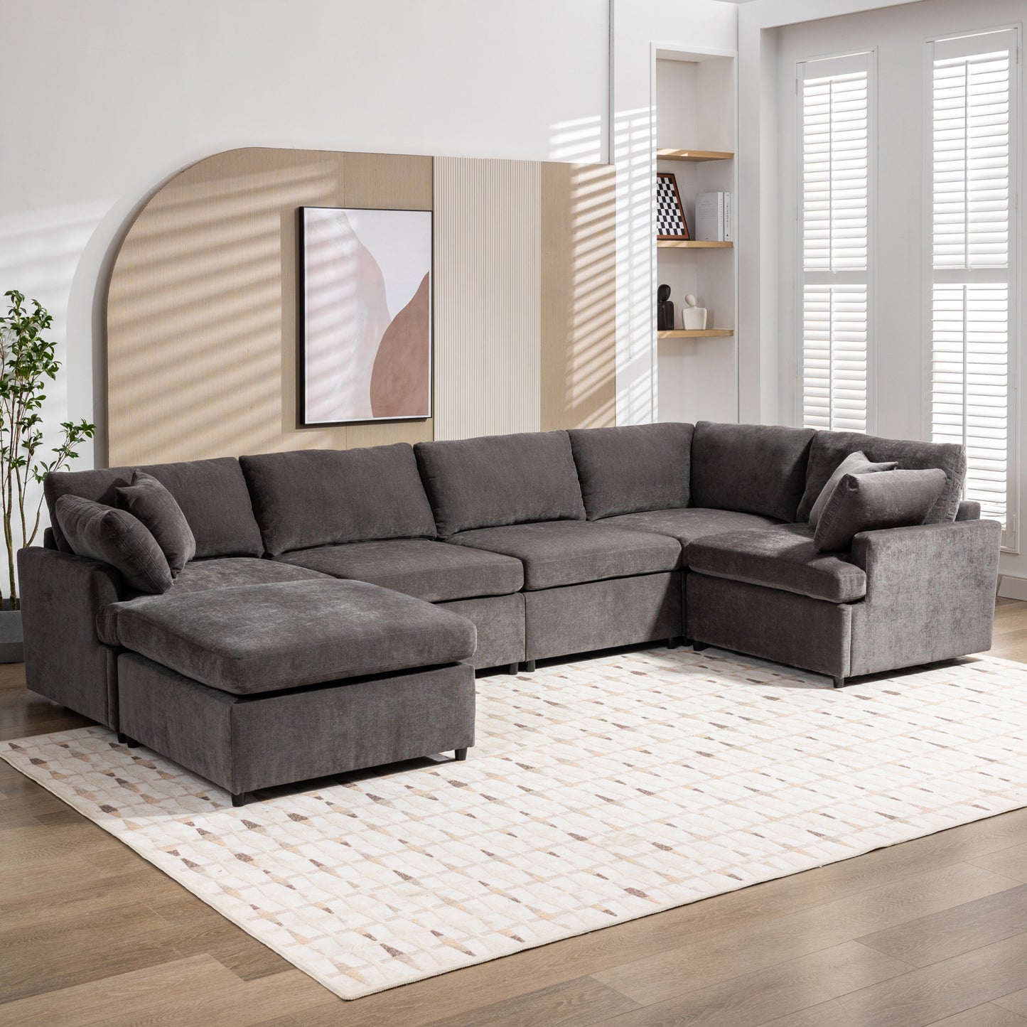 [ Video Provided]U_STYLE Modern Large U-Shape Sectional Sofa, with Removable Ottomans for Living Room (6-Seater)