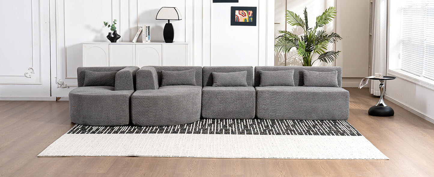 143.7" Upholstered Sofa Free-combined Sofa Couch with Two Chaise Lounge and Five Back Pillows for Living Room, Light Gray