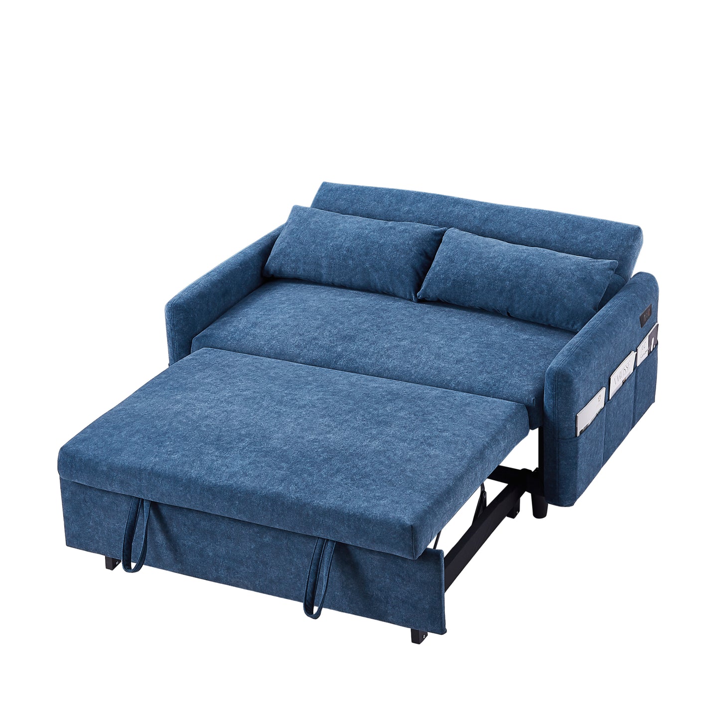 55.1" Pull Out Sleep Sofa Bed Loveseats Sofa Couch with Adjsutable Backrest, Storage Pockets, 2 Soft Pillows, USB Ports for Living Room, Bedroom, Apartment, Office, Blue (Old SKU: WF315689AAC)